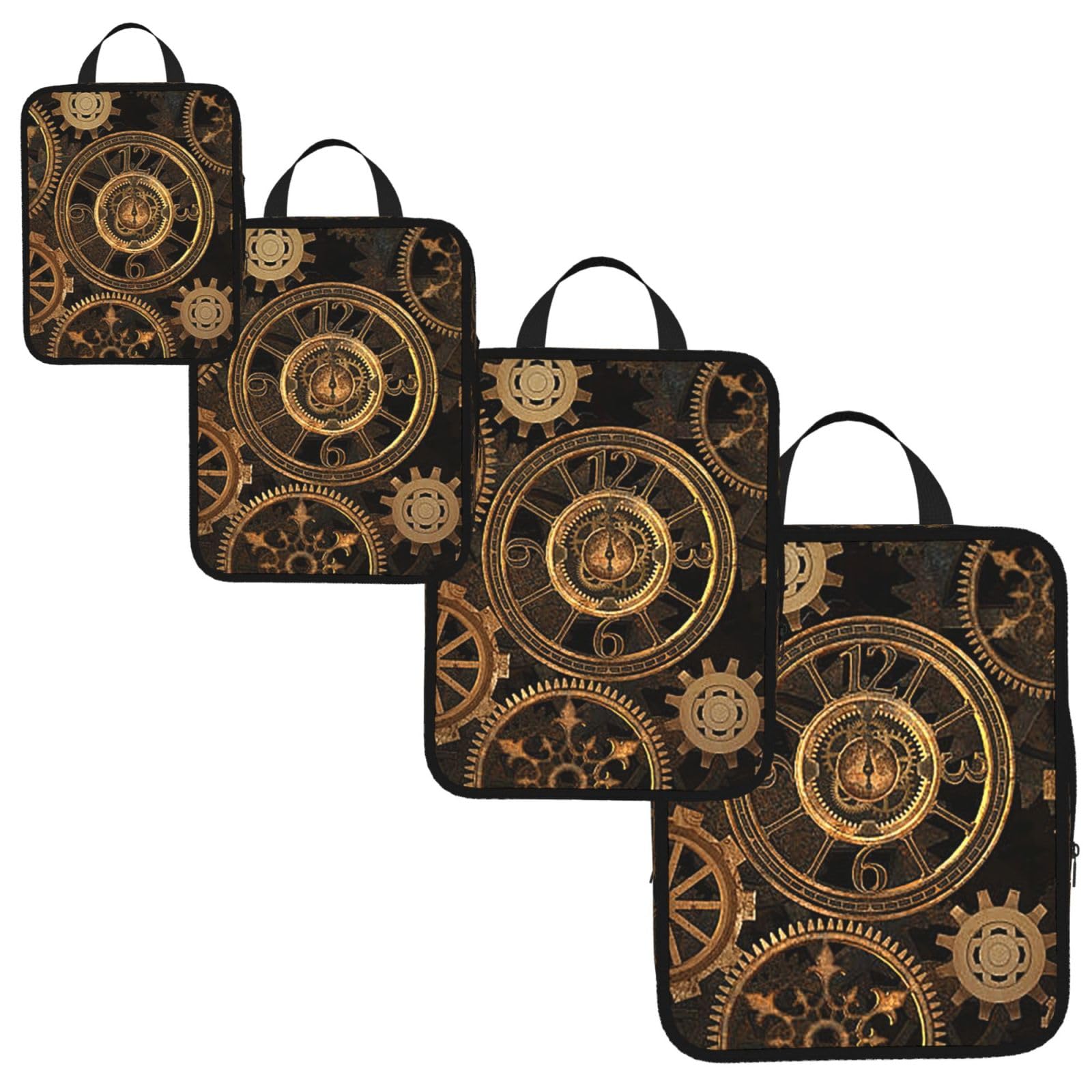 Gears Clock Bronze Century Print 4 Set Compression Packing Cubes for Suitcases,Expandable Storage Bags Organizers