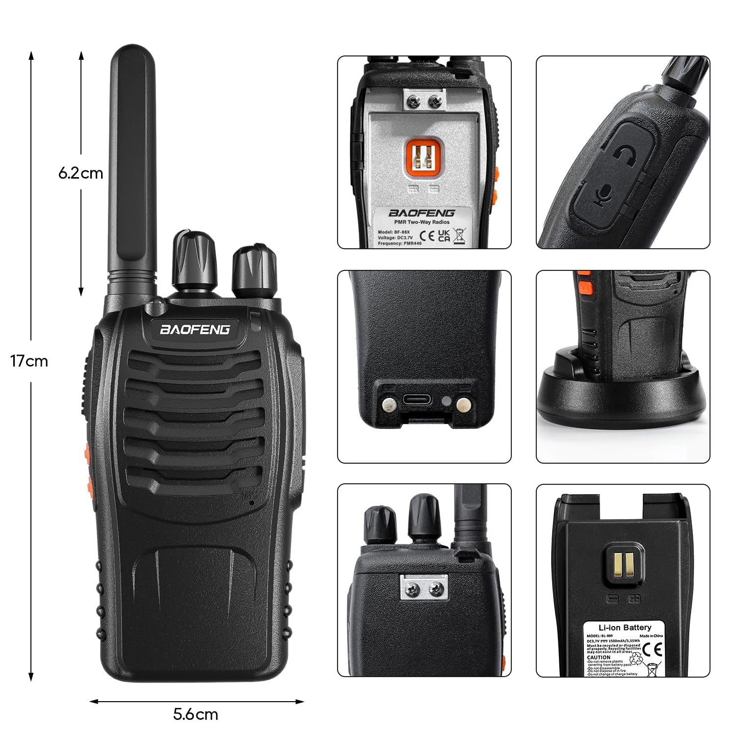 Talkie Walkie Professionnel BF-88X, Radio Bidirectionnelle 16 Canaux Longue Portée avec Chargeur USB, Noir (1 Paire)