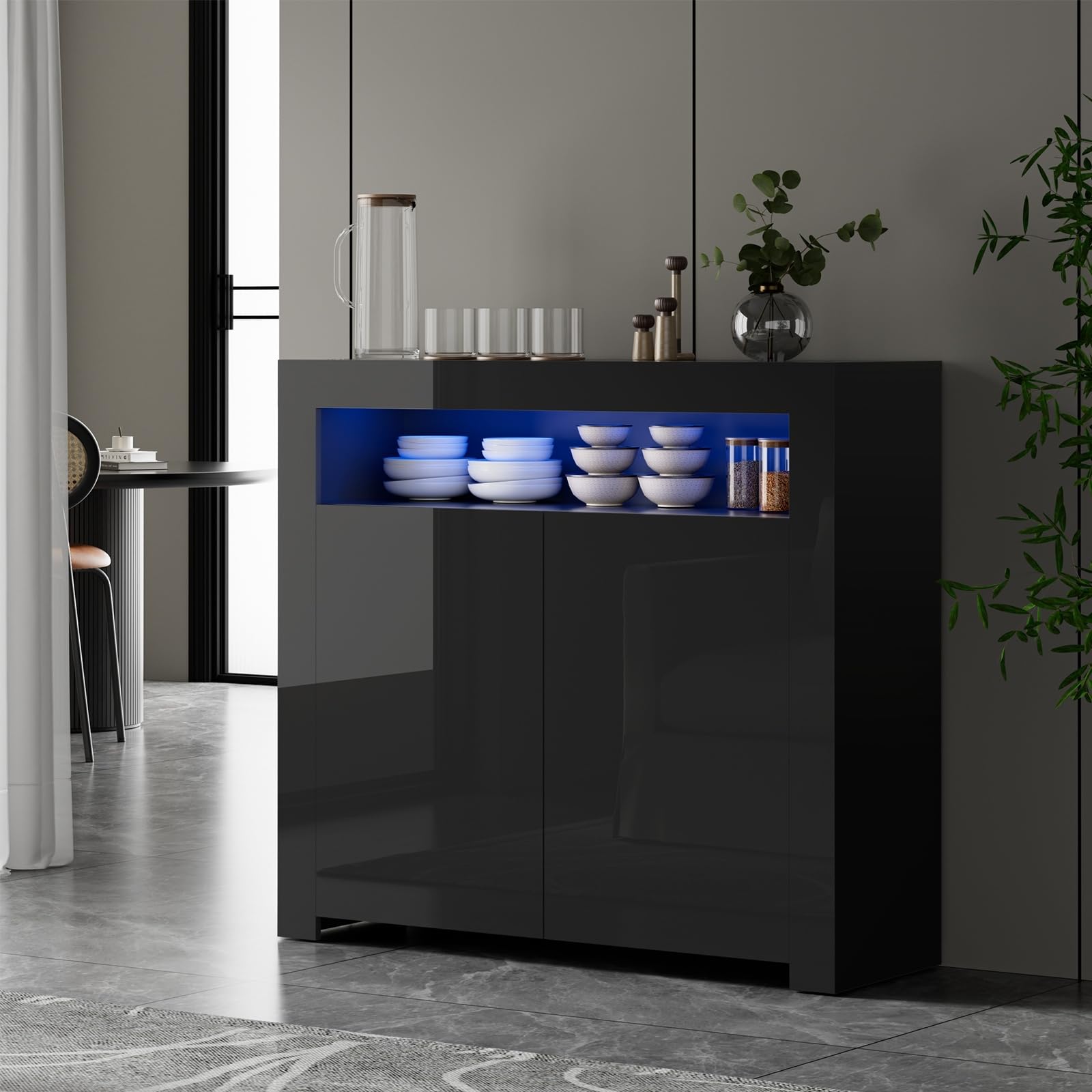 Oikiture Buffet Sideboard, LED Kitchen Table Storage Cabinet with High ...