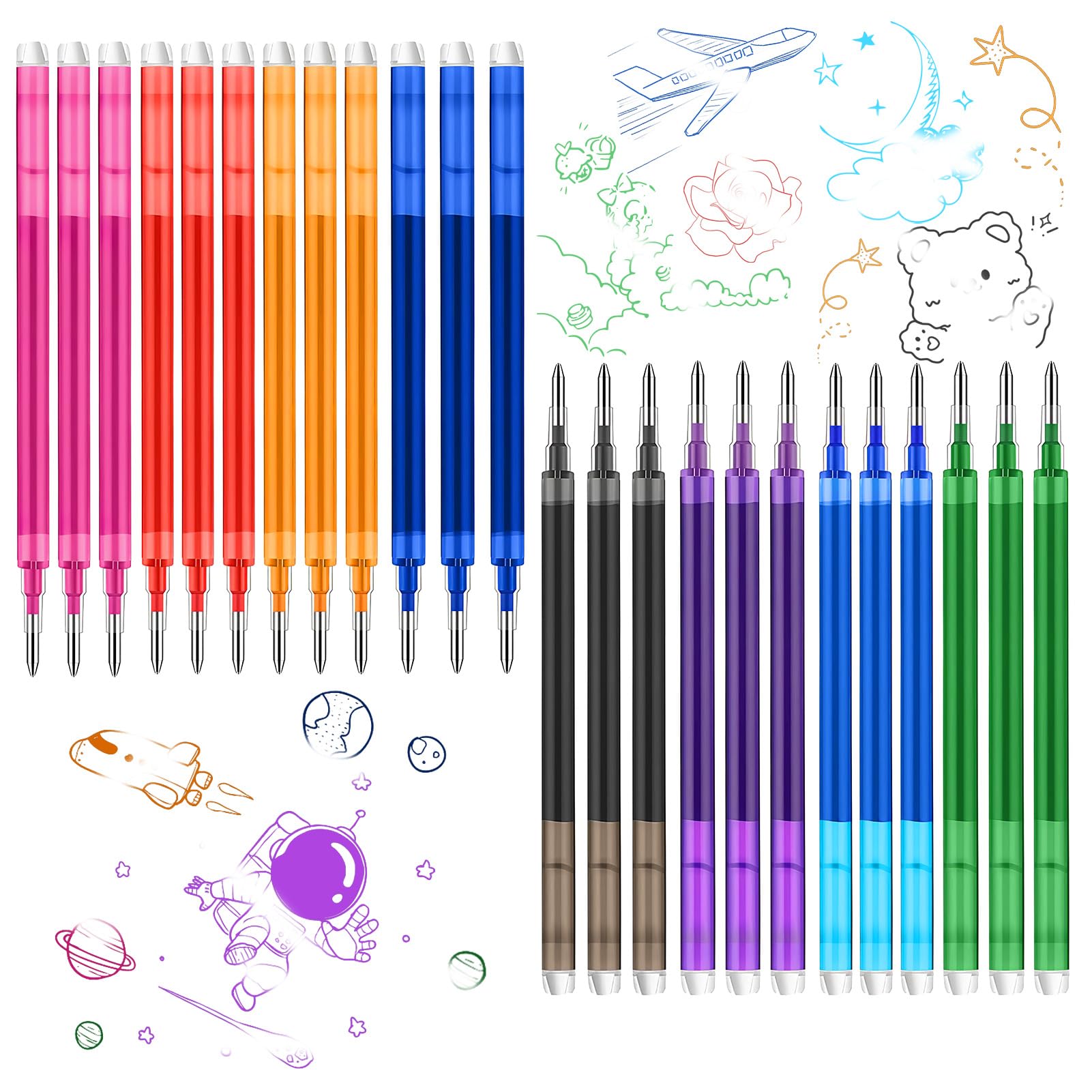 24 recambios de tinta de gel borrable de 0.5 mm compatibles con Frixion Friction, 8 colores multicolor retráctiles de punta fina Click Pilot (azul, negro, rojo, verde, naranja, azul lago, morado, rojo