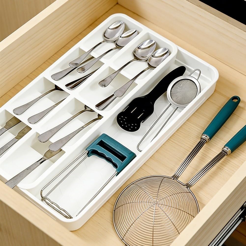 Organizador de cajones para utensilios de cocina, organizador de cubiertos de cocina extraíble, caja de almacenamiento para utensilios, soporte multiusos, diseño de ahorro para tenedores, cucharas