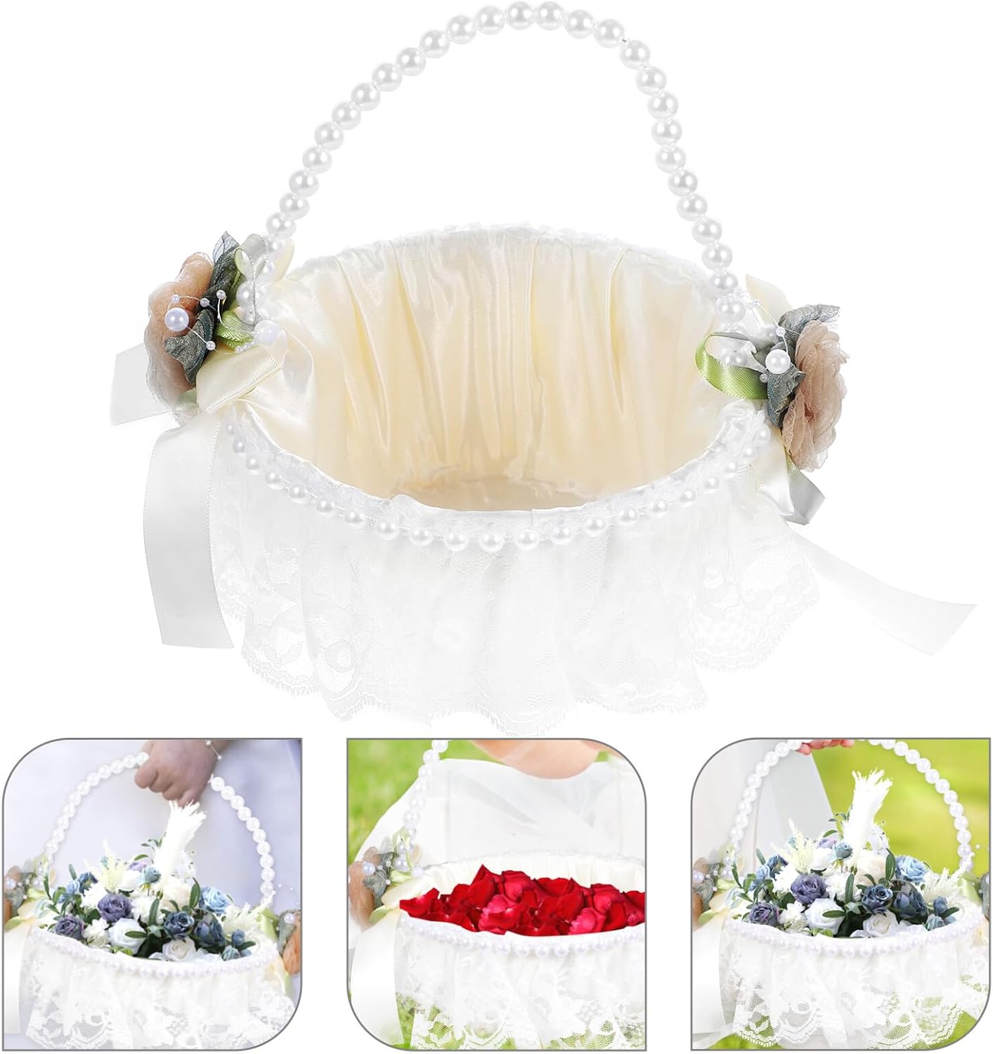 Wedding Flower Girl Basket Rustic Satin Lace Artificial Flower Basket with Handle Pearl Decoration for Garden Wedding Ceremony Supplies