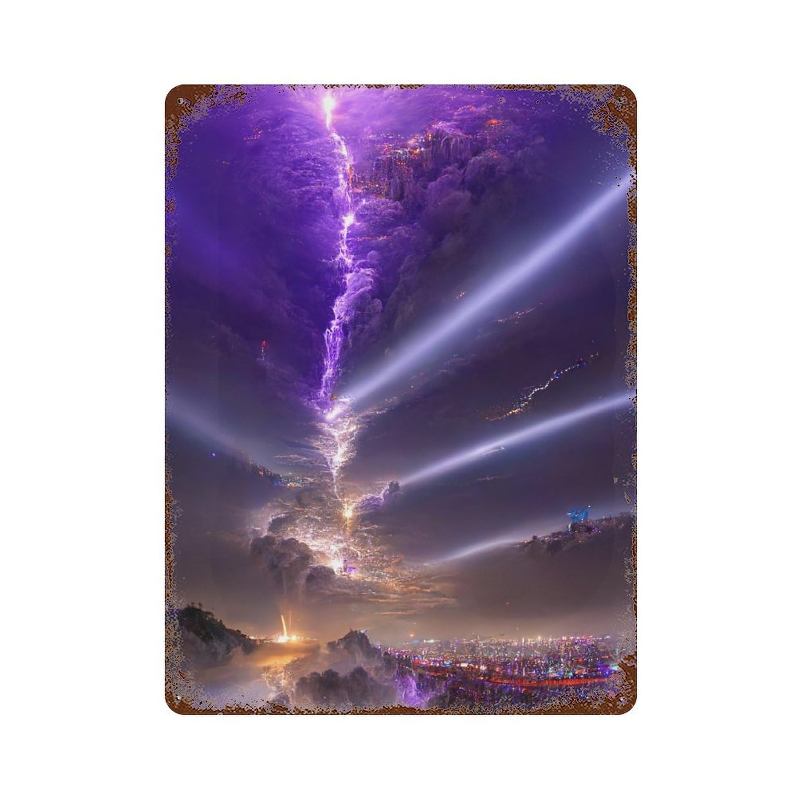Vintage Rust Metal Sign Lightning Strikes Cityscape 15.7"x11.8", Vintage Wall Decor for Office, Studio And Wall Decor