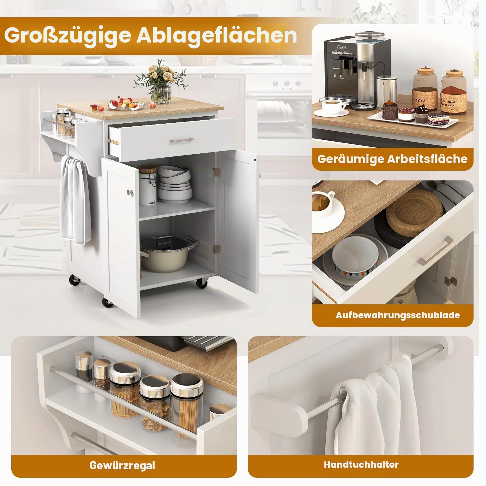 KOMFOTTEU Servierwagen mit Rollen, Gewürzregal & Handtuchhalter, Küchenwagen mit Schublade & verstellbarem Regal, Küchenschrank für Esszimmer, 83 x 48 x 91 cm, Weiß