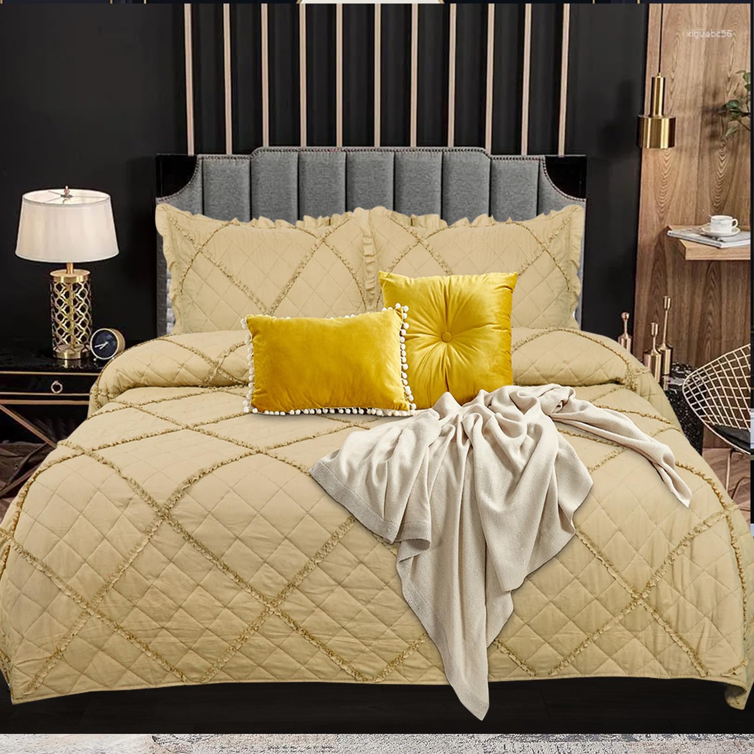 Fit Even Quilt Ruffle Bedspread 3 Piece Set – Coverless Quilted Diamond Pattern Bedspread, Comforter Throw, Summer and All-Season Lightweight Bedding Sets, with 2 Pillow Sham (Super King, Mustard)
