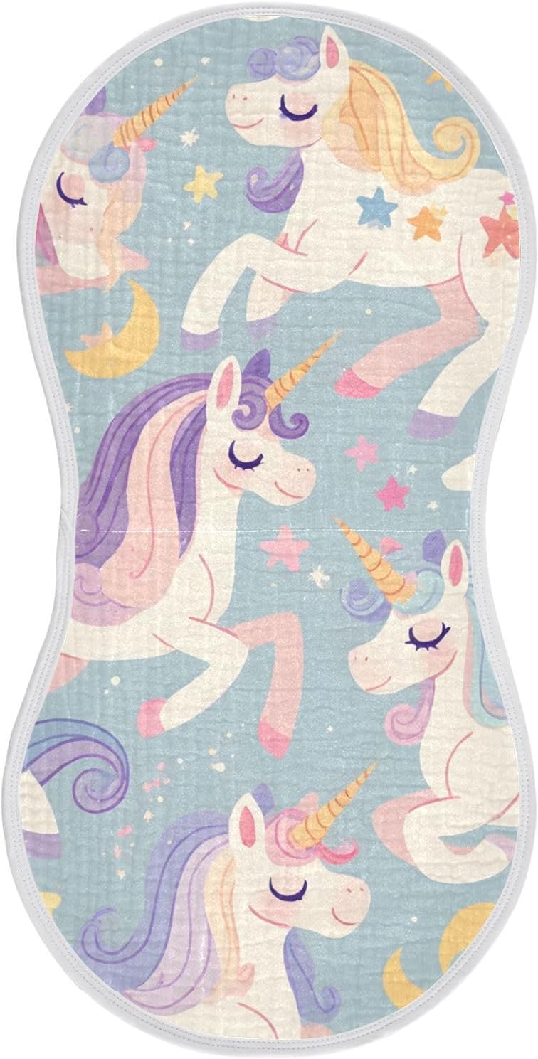 Purple Unicorn Muslin Burp Cloths 22x11 Inch - 4-Layer Organic Cotton & TPU Waterproof Lining, Absorbent Baby Bibs for Boys/Girls with Hanging Loop