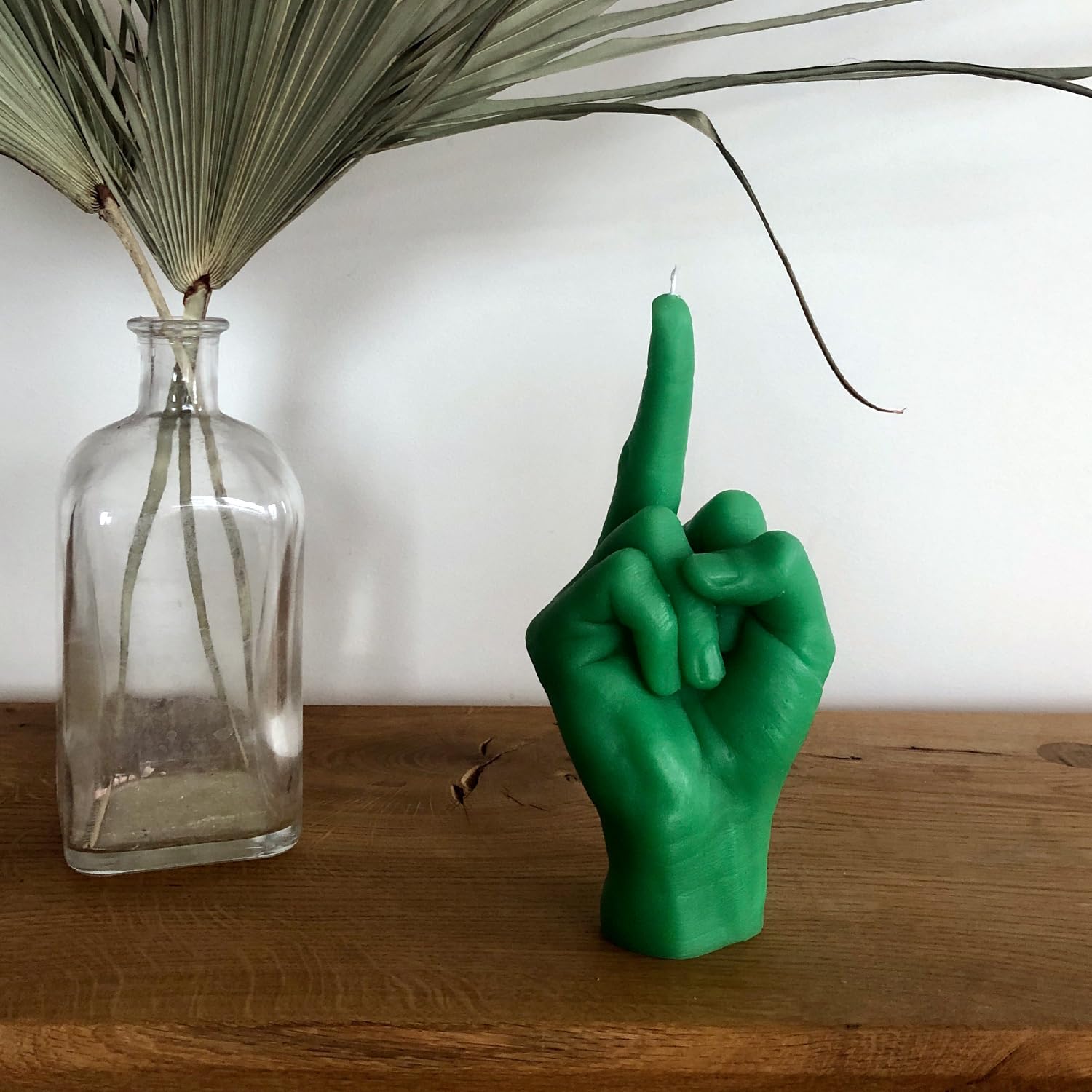 Vela gesto de mano F*CK YOU – Tamaño grande de la mano real 22 x 9 x 8 cm – Estatua hecha a mano – Decoración del hogar – Cumpleaños, oficina, regalo de inauguración de la casa (Verde)
