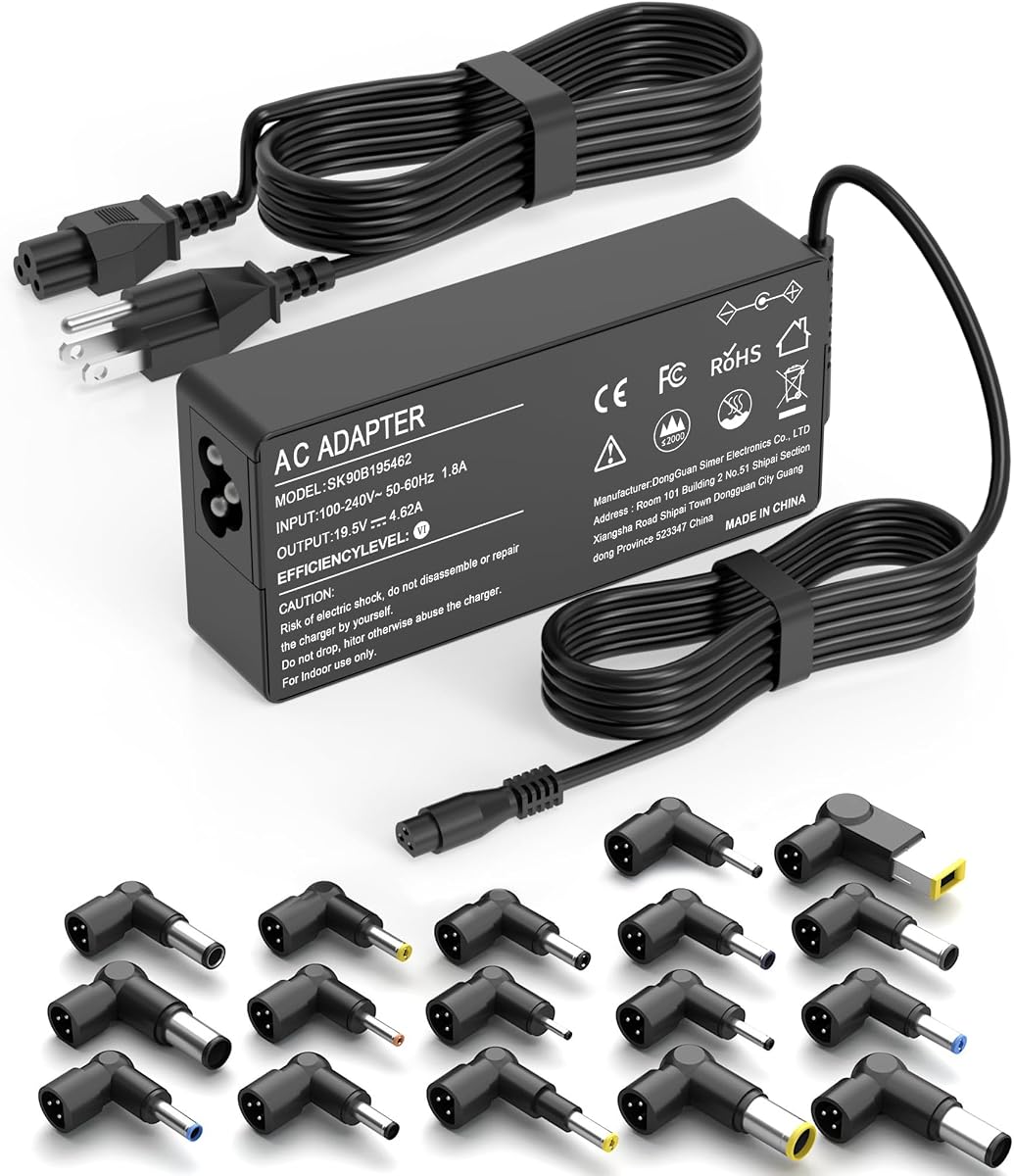90W Universal Laptop Charger AC Adapter | Compatible with HP Lenovo Dell Acer Asus IBM Sony Gateway Fujitsu notebooks & Chromebooks. Includes 17 tips.