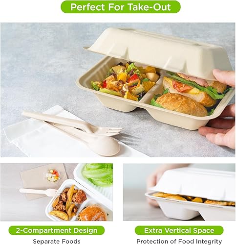 Miniatura 4 de KARAT EARTH Clamshell - Recipientes de alimentos para llevar [9 x 9 pulgadas, 200 unidades] 3 compartimentos Contenedores compostables