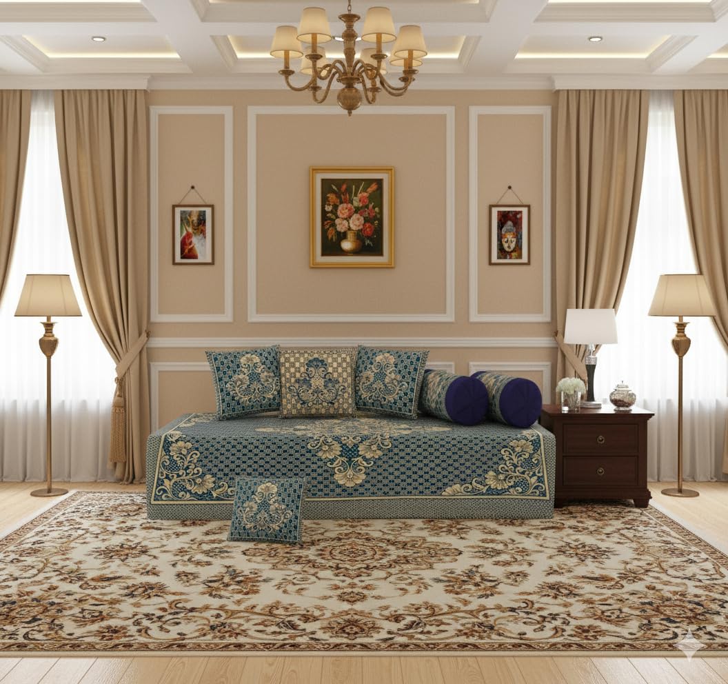 FRESH FROM LOOM Velvet Chenille Floral 500 TC Reversible Diwan Set Aqua - 1 Single Bedsheet with 2 Bolster Covers and 5 Cushion Covers (8pc Set)-image-21
