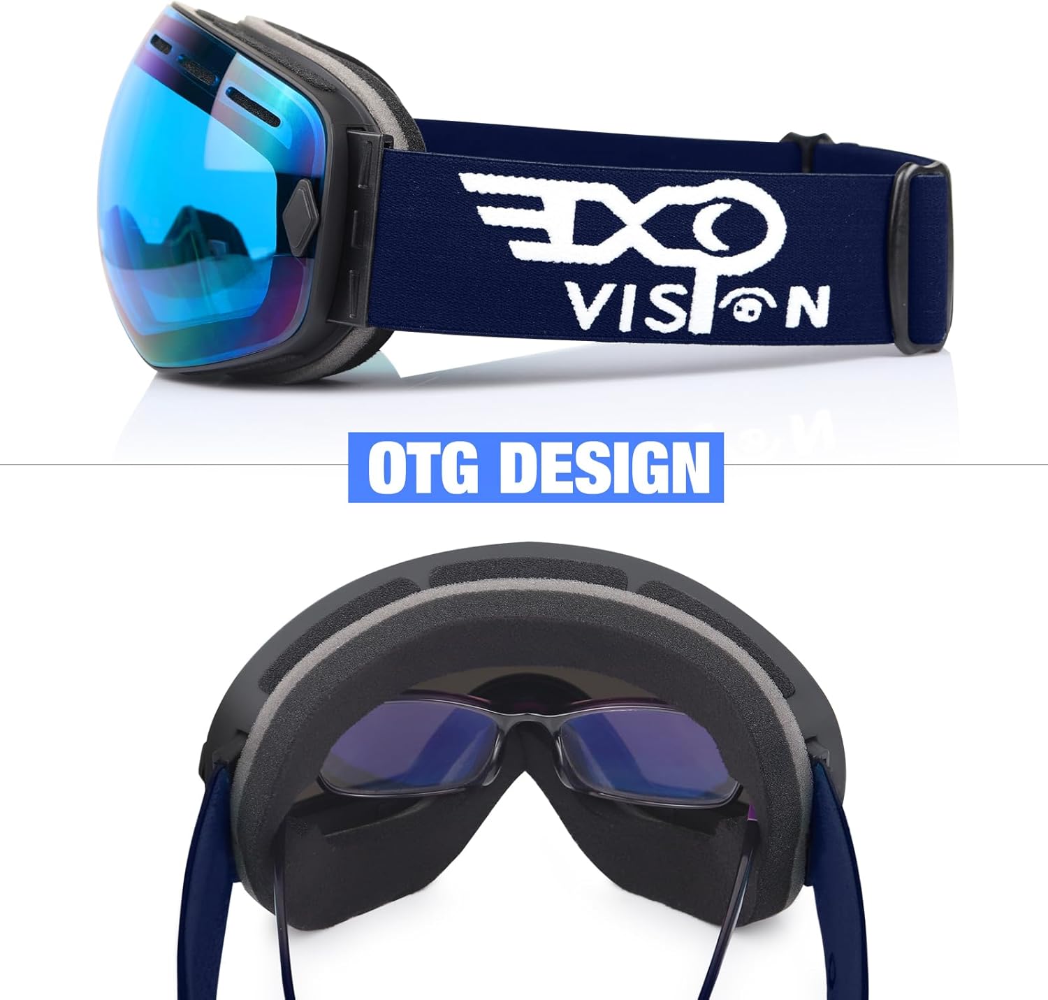 EXP VISION Snowboard Ski Goggles Men Women Youth, Anti Fog OTG Winter Snow Goggles Spherical Detachable Lens (Blue) - Image 2