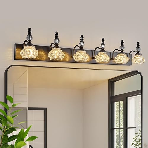 Moderna lámpara de cristal para tocador de baño, color negro, vintage, 6 luces, cristal