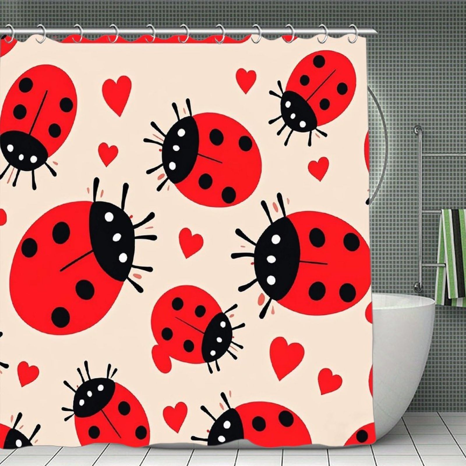 FekiLoot Ladybug Shower Curtain Minimalist Aesthetic Bath Curtain with Hooks Simple Water Resistant Bathroom Shower Curtains Cute Blackout Privacy Curtains Cloth Curtain