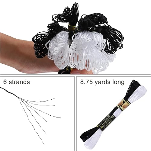 Miniatura 2 de Xiphum 12 madejas de hilo de bordado profesional, hilos de bordado en blanco y negro, juego de hilos de bordado de 26.2 ft para punto de cruz,