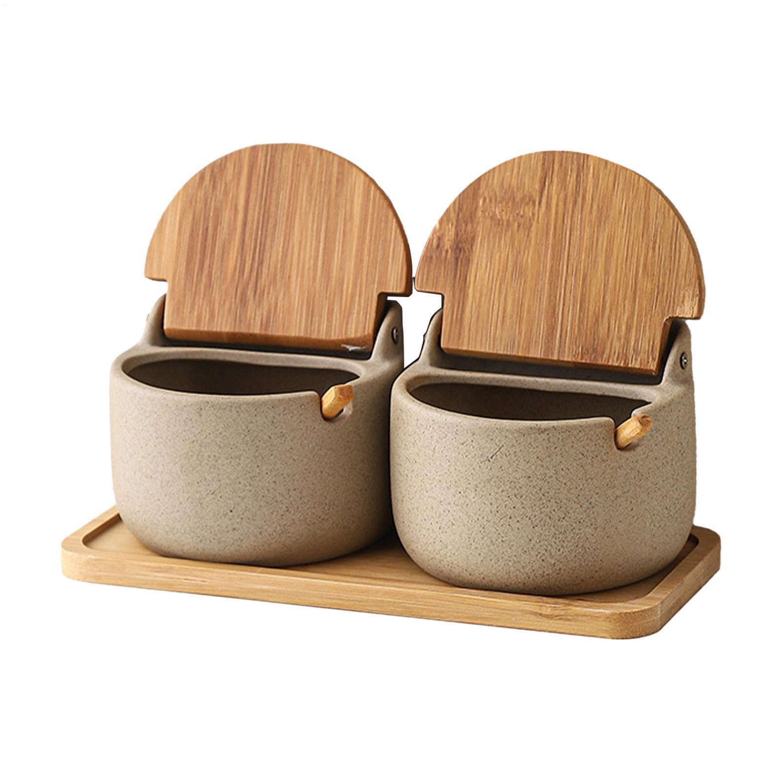 Salero – 2 saleros de cerámica con cuchara y tapa de madera
