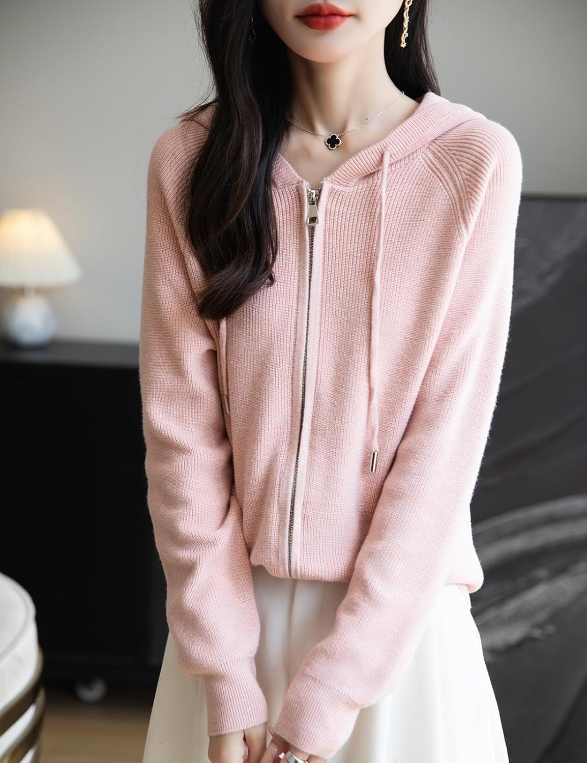Women's Merino Wool Blend Cardigan 2025 Fall Winter Casual Zipper Sweatshirt Long Sleeve Ribbed Knit Hooded Cardigan - Image 3
