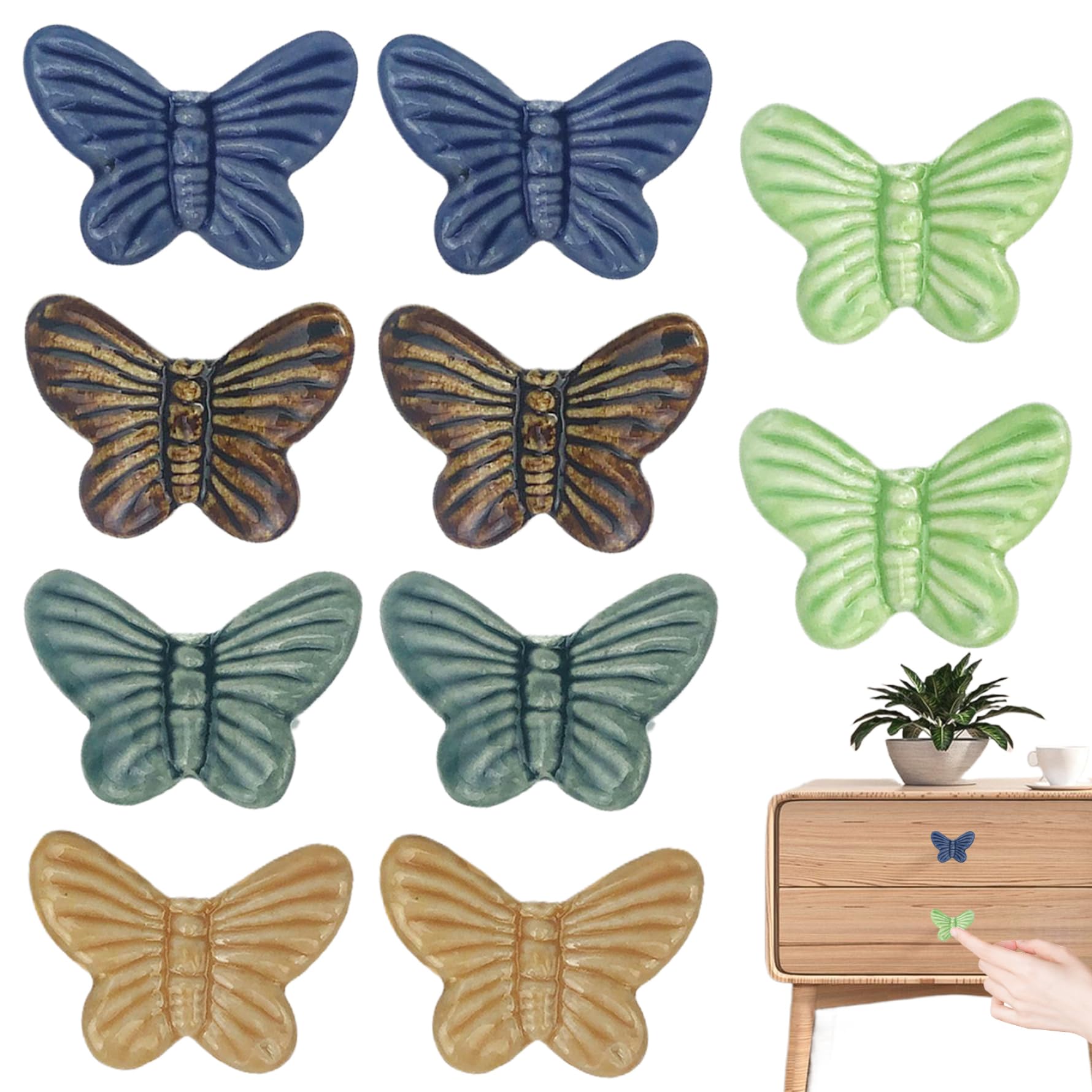 Boutons de tiroir papillon en céramique, lot de 10 poignées multicolores pour meuble d'enfant