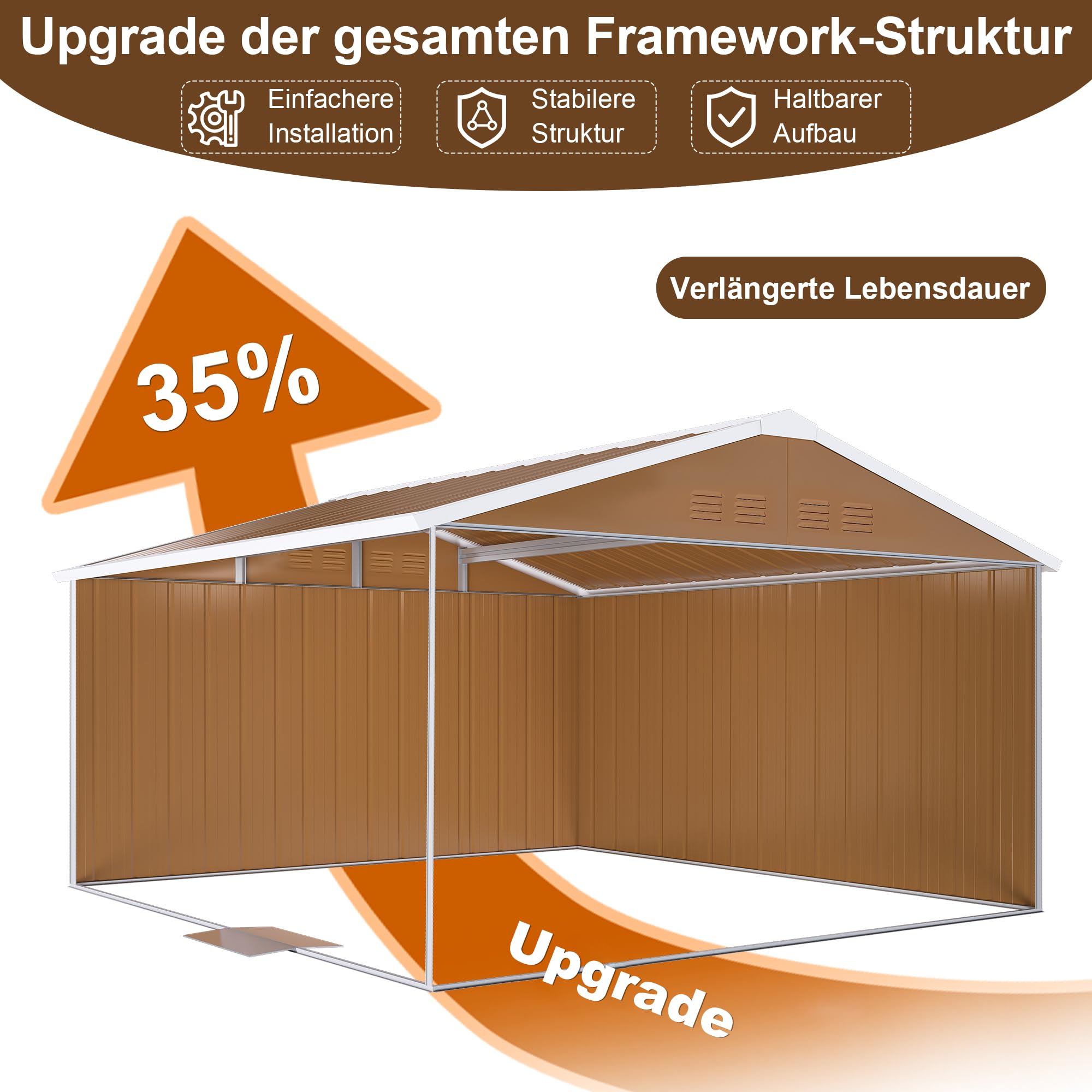 Gartenhaus Metall, 360 x 297 x 194cm, Geräteschuppen Metall | Fenstern, Wasserdicht, Verschließbarer Tür & Belüftung, Ohne Boden
