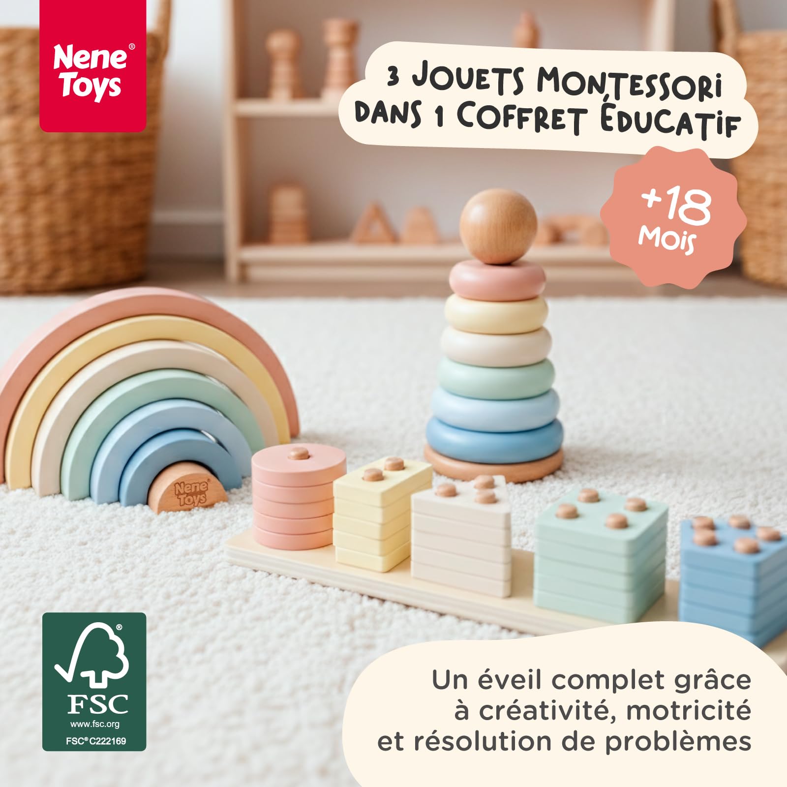 Nene Toys Jouet Montessori en Bois 3-en-1 pour Bébé 1 an – Arc-en-Ciel en Bois, Tour à Empiler & Jeu d’Encastrement – Jouet d’Éveil Enfant 1–3 Ans – Idée Cadeau Fille Garçon – Couleurs Pastel