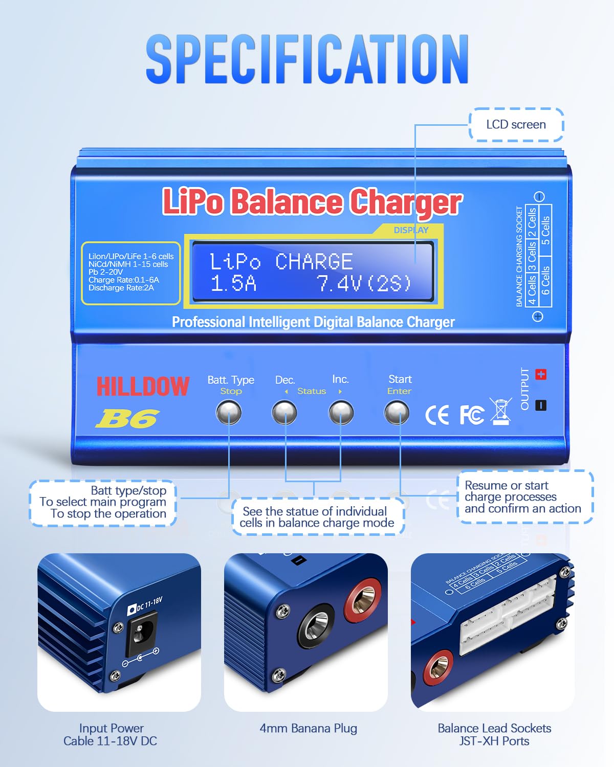 B6 ładowarka do akumulatorów równowagi, 80 W Lipo-Balance z zasilaczem sieciowym do NiMH (1-15s), LiPo/litowo-jonowy/Life (1-6s), RC-Hobby-ładowarka, złącza XT-60/JST/T