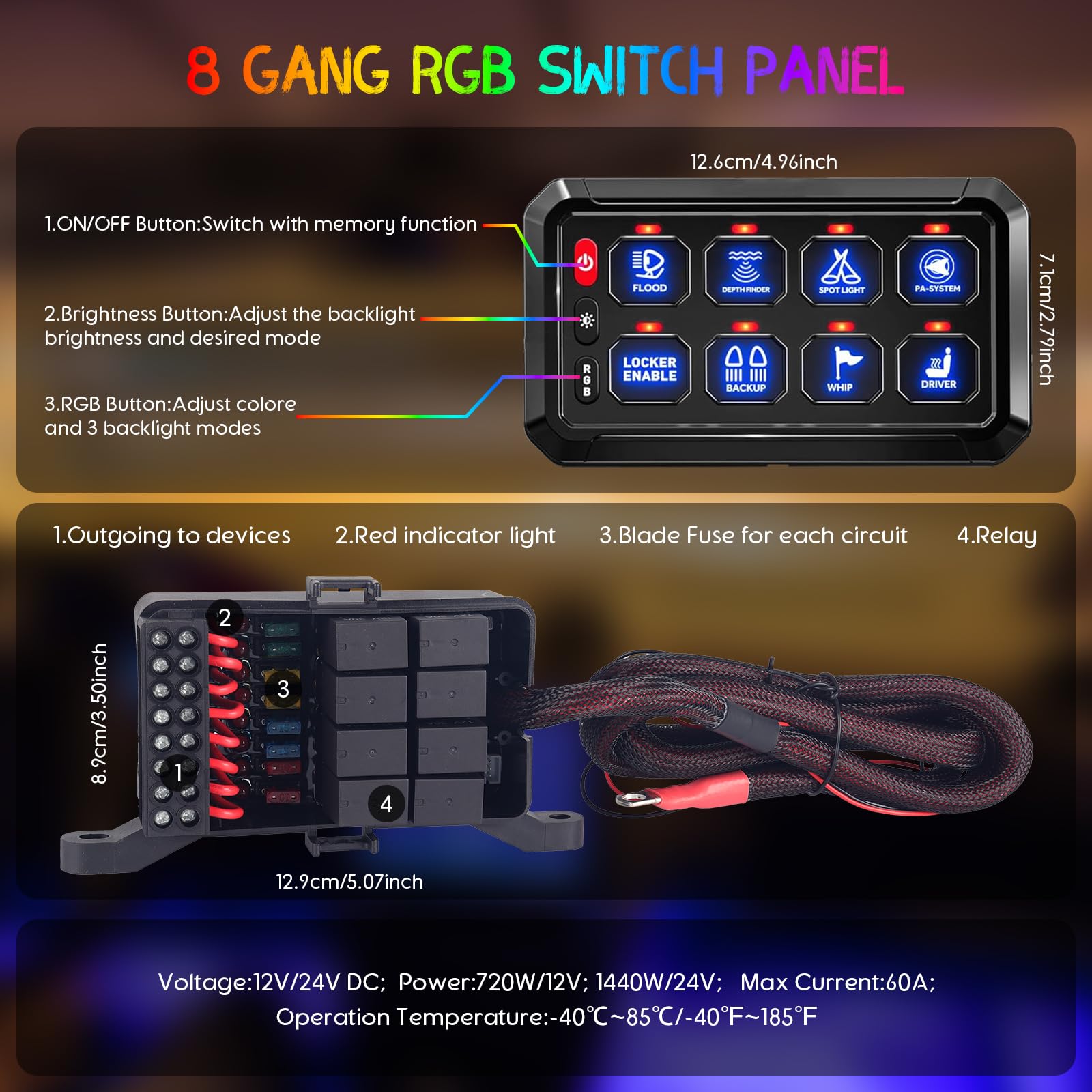 Chelhead Panel przełącznika 8 Gang RGB 12V/24 V z przekaźnikiem i bezpiecznikiem | Wodoszczelność IP65, 5 poziomów jasności i 3 silikonowe przyciski do łatwego sterowania akcesoriami