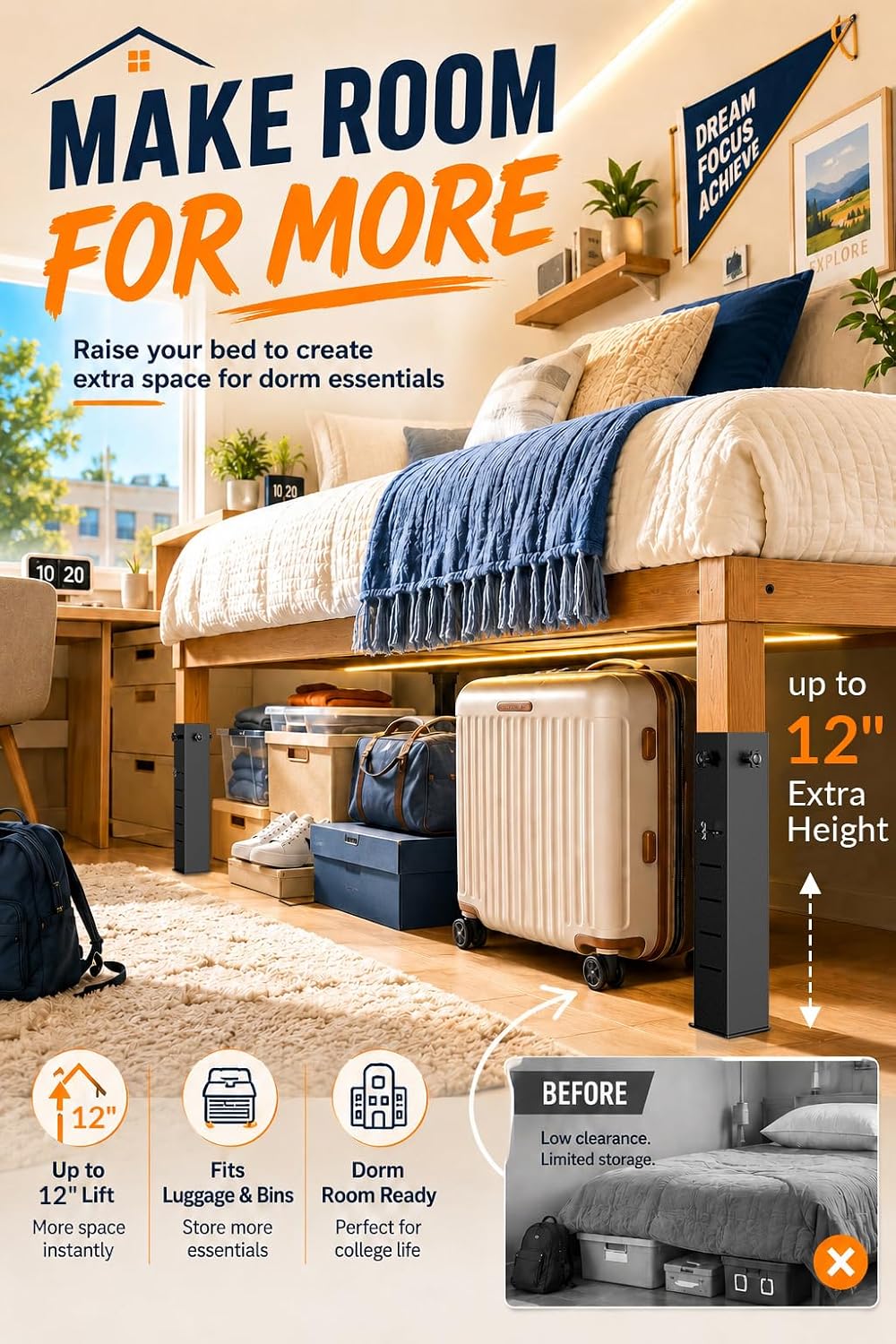 Metal Bed Risers for Dorm, 5-Level Adjustable Bed Risers Heavy Duty | Extra Tall Dorm Bed Extenders Rise 4/6/8/10/12 in for Twin XL Bed, Fits Legs Up to 3'' Wide, Thickened Steel Widened Base