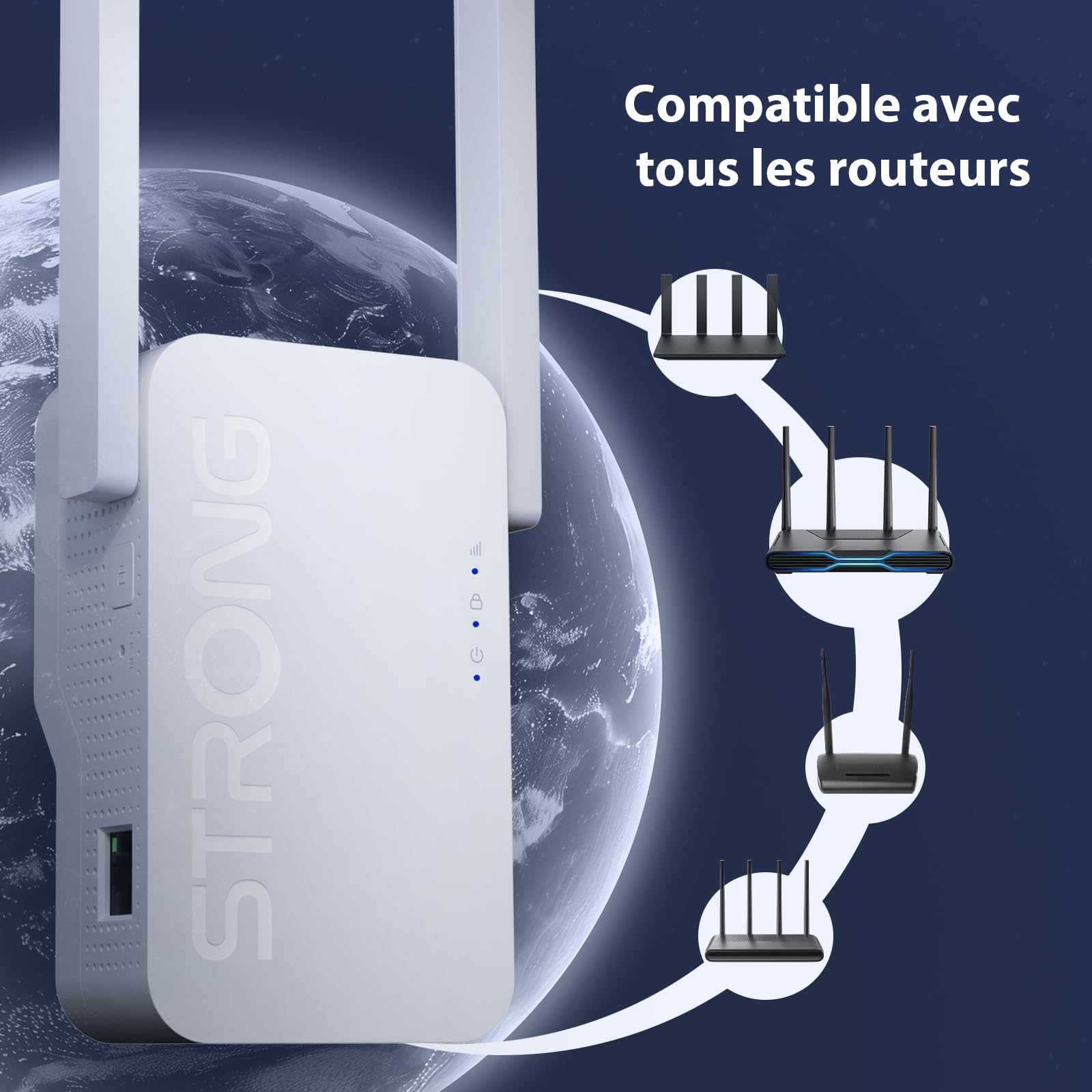 STRONG Répéteur WiFi 7 BE3600, Amplificateur WiFi Double Bande | 3600 Mbps, WiFi 7, MLO, Double Bande, Répéteur WiFi, Port Ethernet Gigabit, 2 antennes externes, Point d'accès