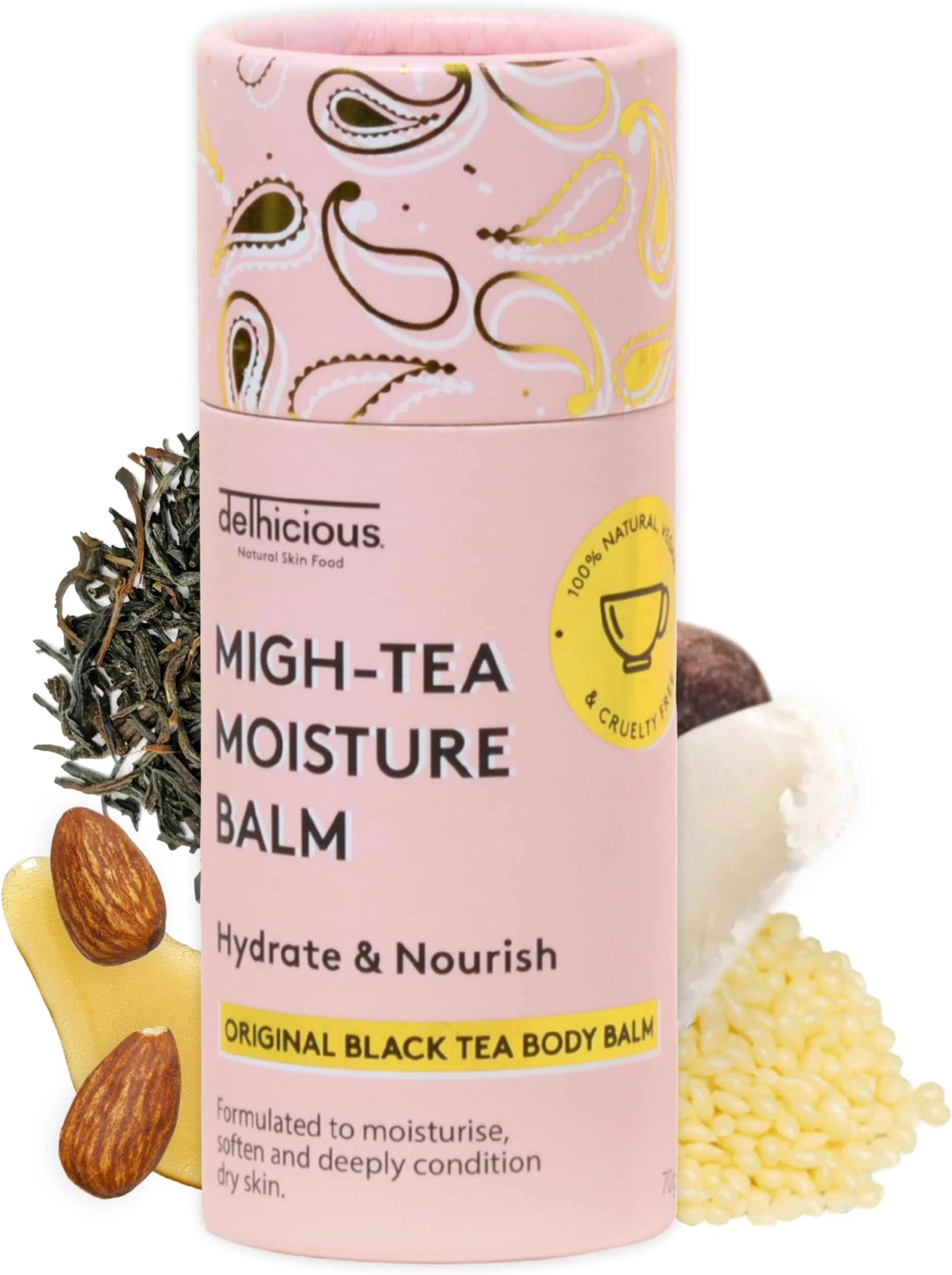 Delhicious Migh-Tea Moisture Body Balm for Very Dry Skin - Nourishing Shea Butter Moisturizer - Eczema Relief, Psoriasis Treatment - Natural, Vegan, Ayurveda Body Butter with Almond Oil - 70g