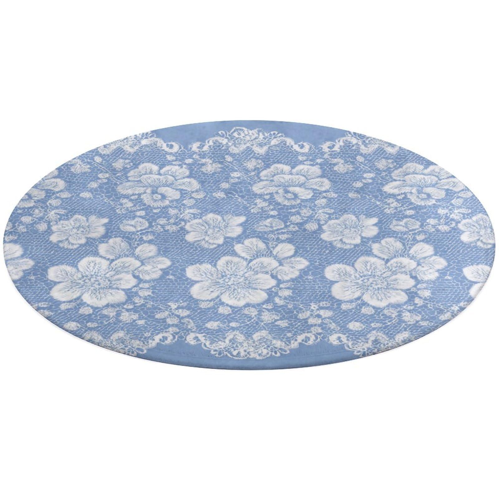 Tapis rond moderne bleu fleurs 90 cm antidérapant salon et chambre