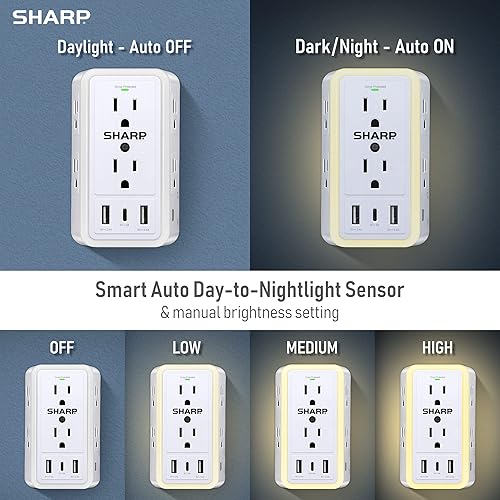 Miniatura 5 de Sharp Cargador de pared USB, protector de sobretensión, extensor de salida con 6 tomas de corriente espaciadas amplias, carga rápida, 2 USB-A y 1