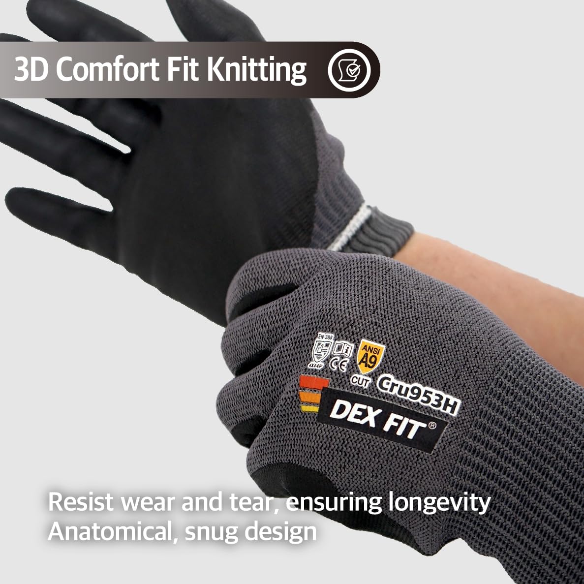 DEX FIT Cru953H Level A9 Cut Resistant Gloves, Fiberglass-Free, Power Grip Foam Nitrile, 3D Comfort Fit, Touchscreen - Image 4