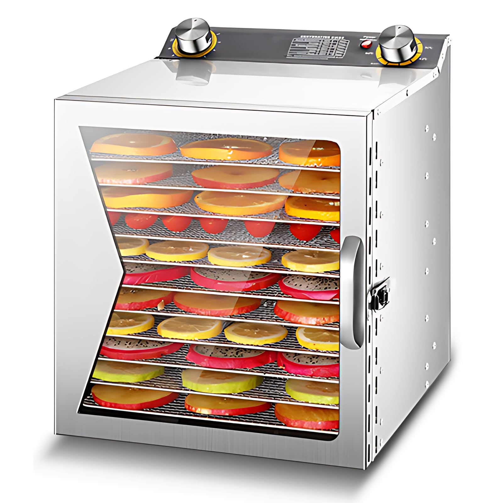 Disidratatore per Alimenti e Carne secca con Timer 12H Acciaio Inossidabile Spazzolato 12 Rastrelliere per l'Essiccazione 800W 30-90℃ Disidratatore per Frutta Verdura con Grande Manopola di Con