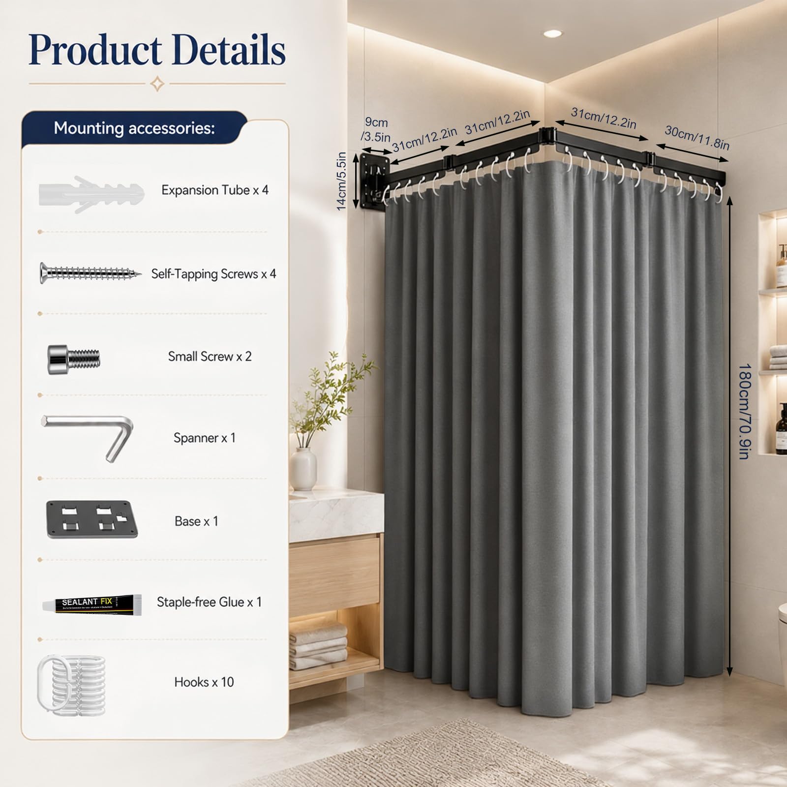 Duschvorhang ohne Bohren, Faltbare Duschvorhangstange, Eckvorhangstange mit Saugnapf, L-Form U-Form, 120 cm, viergeteiltes Klappdesign, für Eckdusche, Badewanne, Wohnmobil