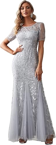 Ever-Pretty - Vestido de noche elegante de sirena con bordado de lentejuelas, manga corta, escote ilusión para mujer, 07707-USA