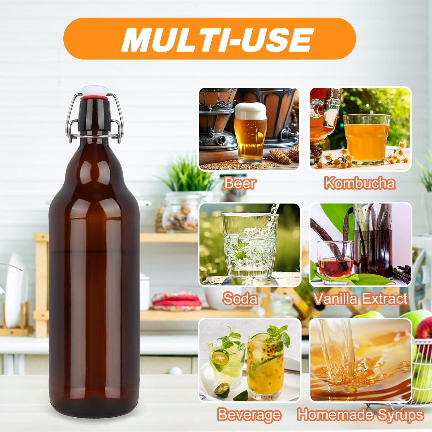 Amber Swing Top Glass Bottles 32 oz, 4 Pack Flip Top Bottles with Airtight Stopper for Home Brewing, Kombucha, Beer, Kefir, Beverages - Image 7