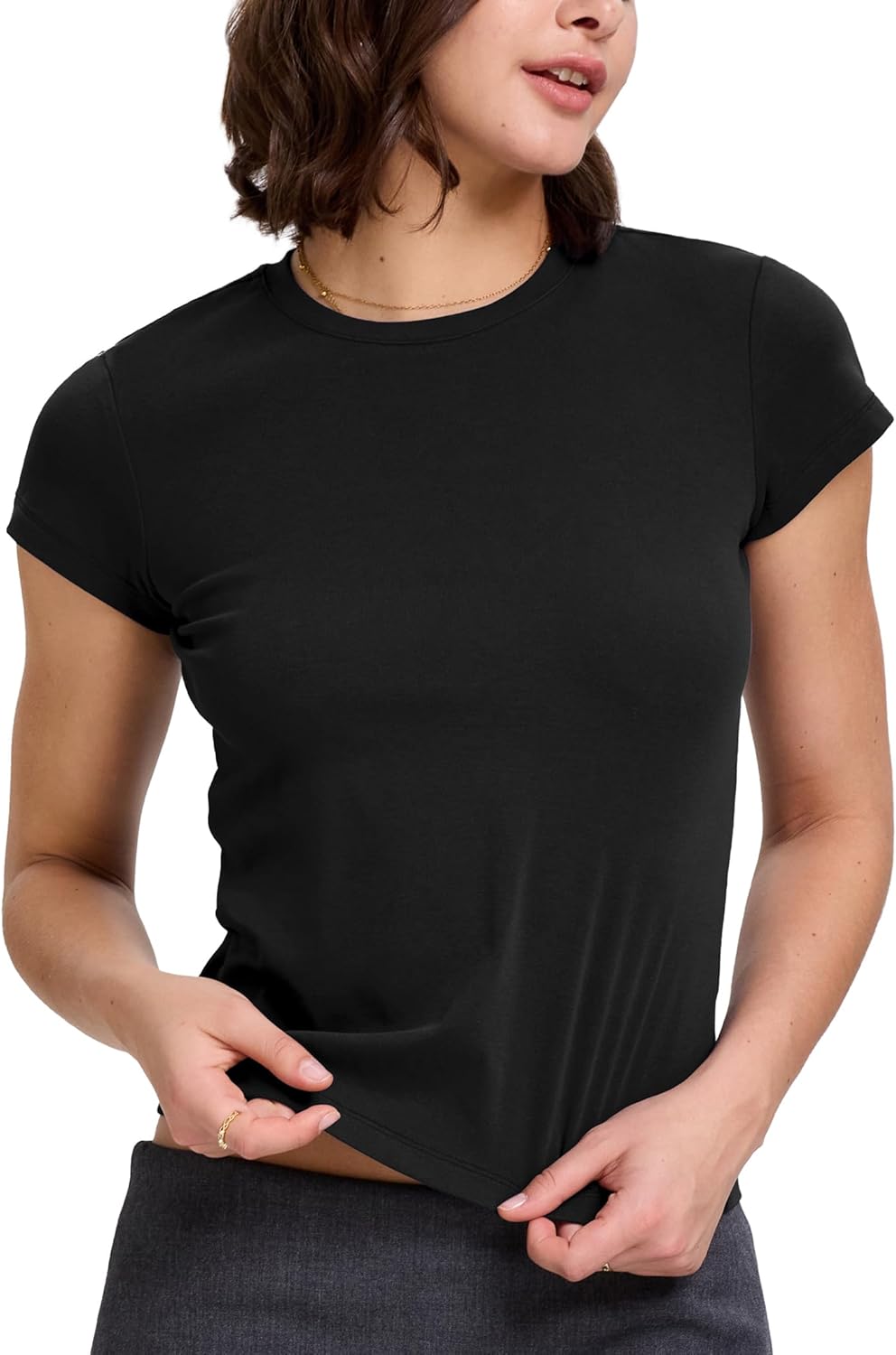 FAIABLE Women's Cotton Baby Tee Stretch Fitted Short Sleeve Crew Neck T-Shirt Slim Fit Basic Top - Image 5