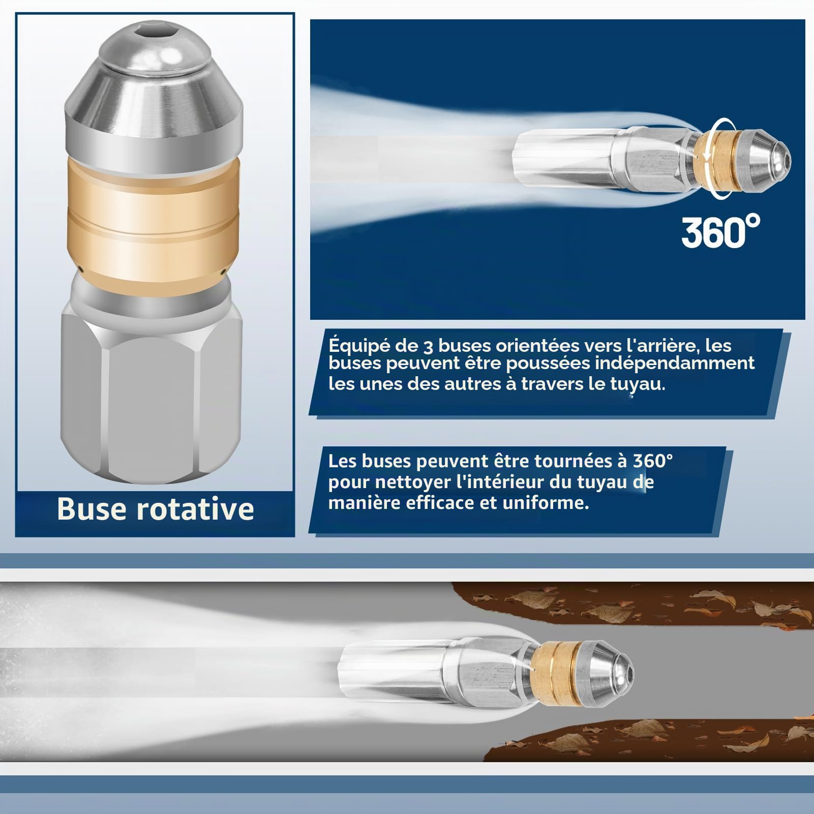 Kit de tuyau de nettoyage de canalisations 30 m, 180 bar, 60 °C, avec buses rigides et rotatives, 1 adaptateur compatible avec K2, K3, K4, K5, K6, K7