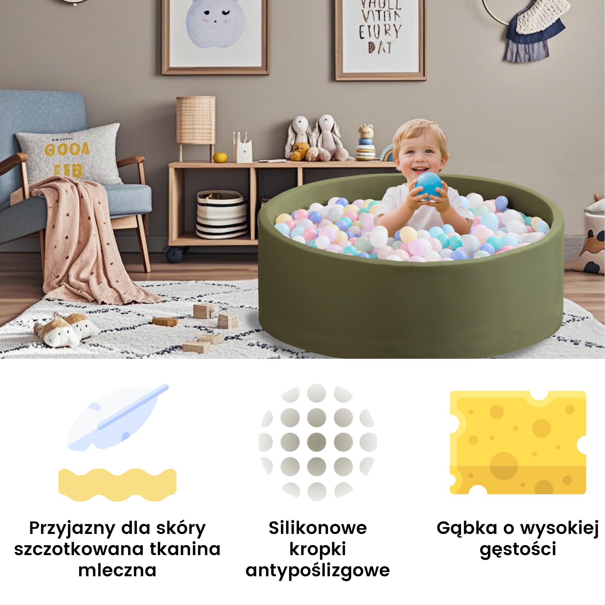 Zedachica Piscine à balles bébé 90x30 cm en Mousse, Ronde, sûre dès 1 an, pour intérieur et extérieur, Vert Sauge, sans balles