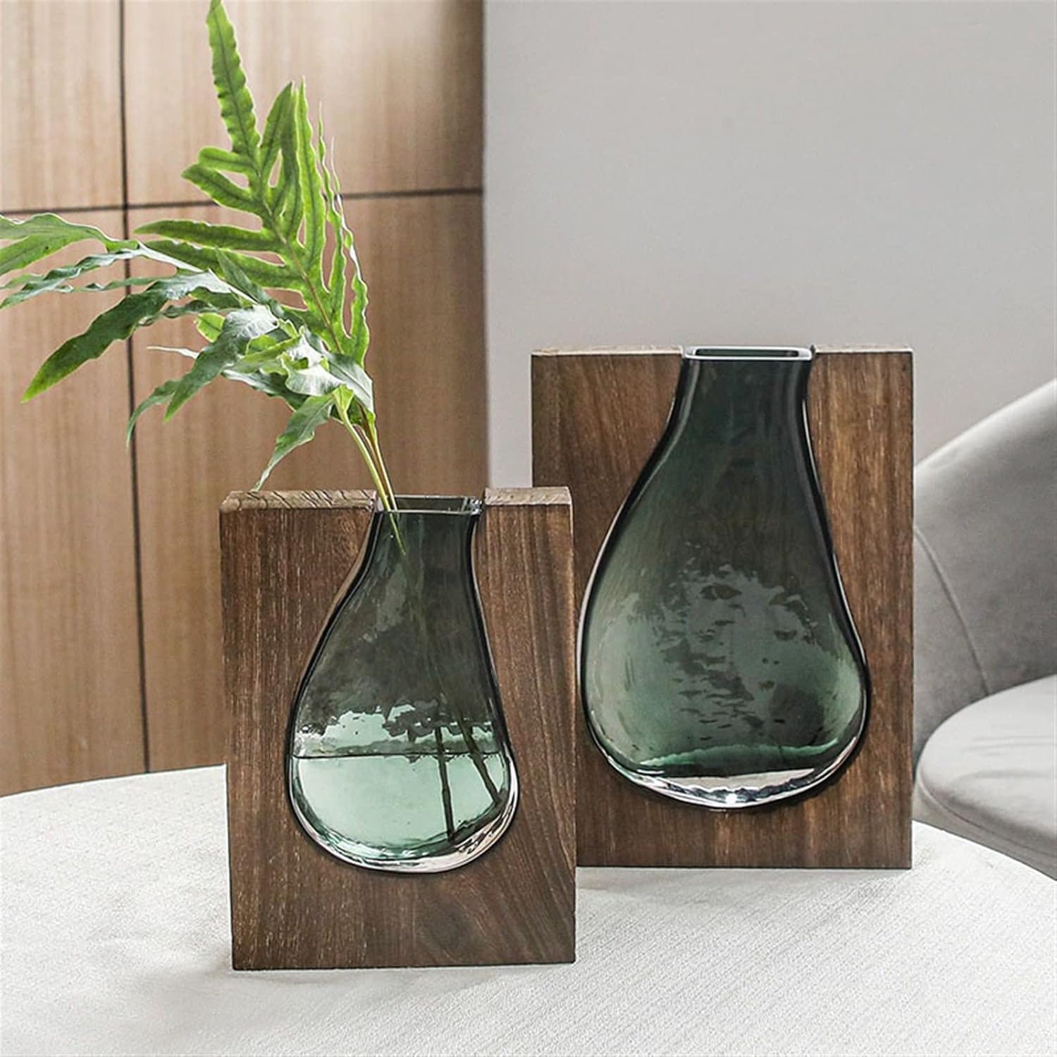 Vase Wood Glass Inlay Vase Hydroponic Flower Pots Desk Decoration Artificial Flower Decorative Floral Arrangement Light Green Vases Suitable for dining and living room home decoratio(Small)