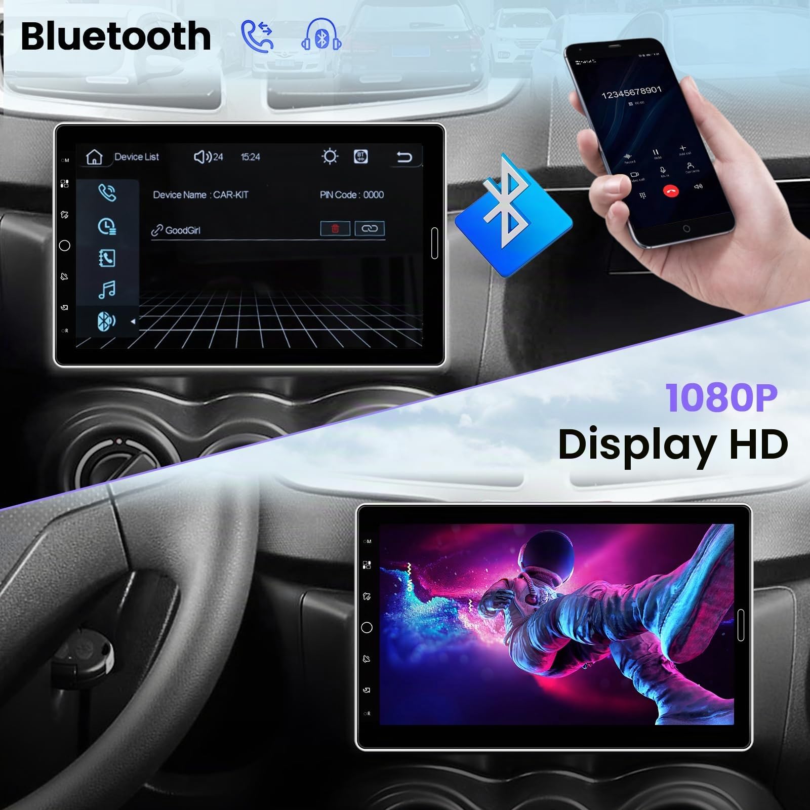 Hikity 10,1" IPS Schermo 1 Din Autoradio con CarPlay Android Auto Wired | Schermo Touch Radio con Bluetooth Vivavoce Rimovibile Mirror Link FM/RDS USB SD AUX + Telecamera di Retromarcia