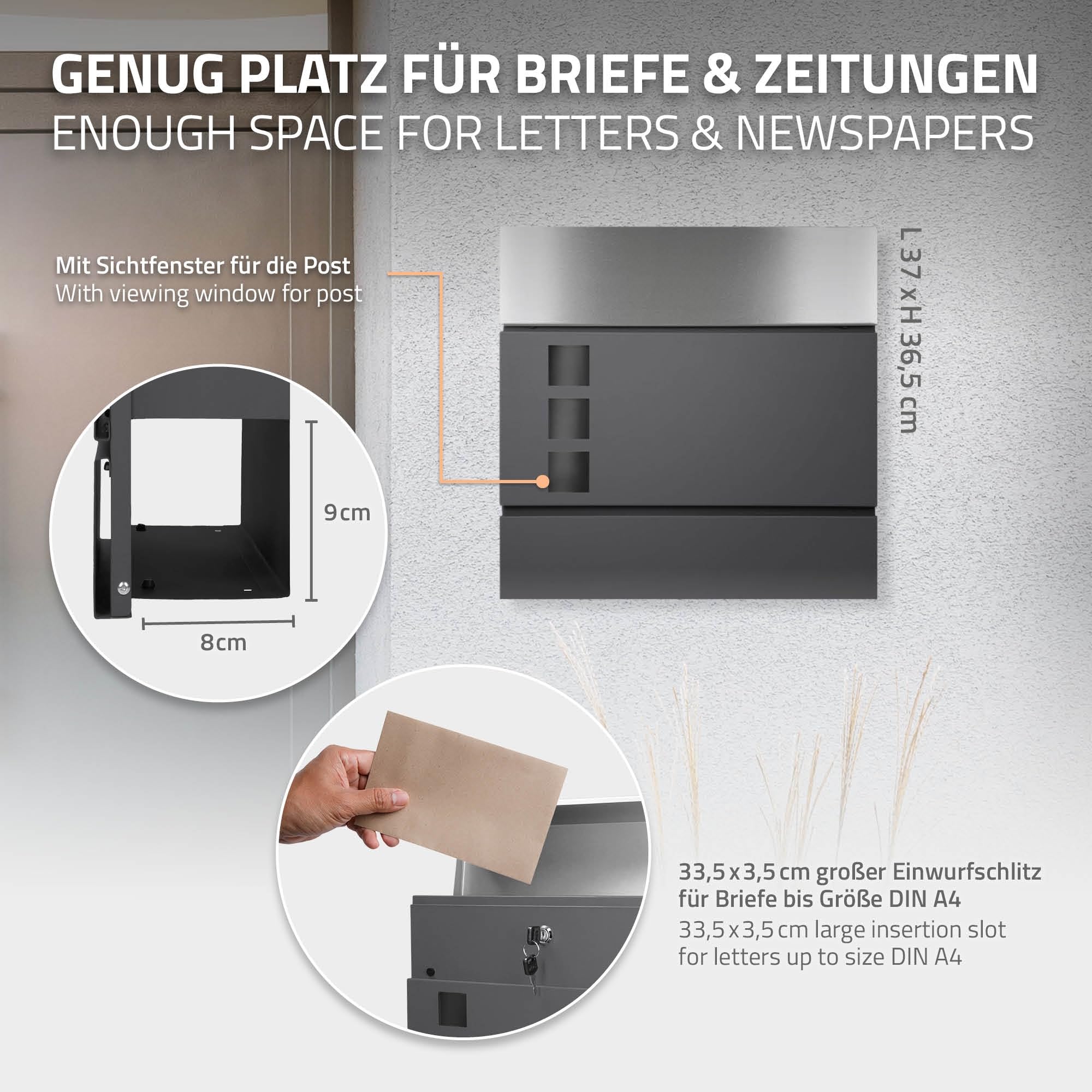 ECD Germany Buzón Correos Exterior Diseño Moderno de Pared con 3 Ventanas de Observación Compartimento para Periódicos 37x10,5x36,5 cm Acero Plata/Antracita Incl. 2 Llaves con Material de Montaje