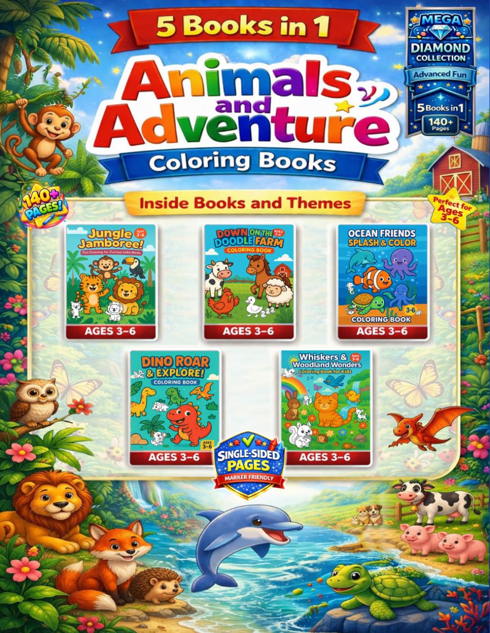 Jumbo Animals & Adventure Coloring Book 5 Themes in 1 book for Kids Ages - 3–6 Single-Sided Pages: Kids Coloring Book Ages 3–6 | 5-in-1 Animal Themes ... No Bleed-Through for Toddlers & Preschoolers