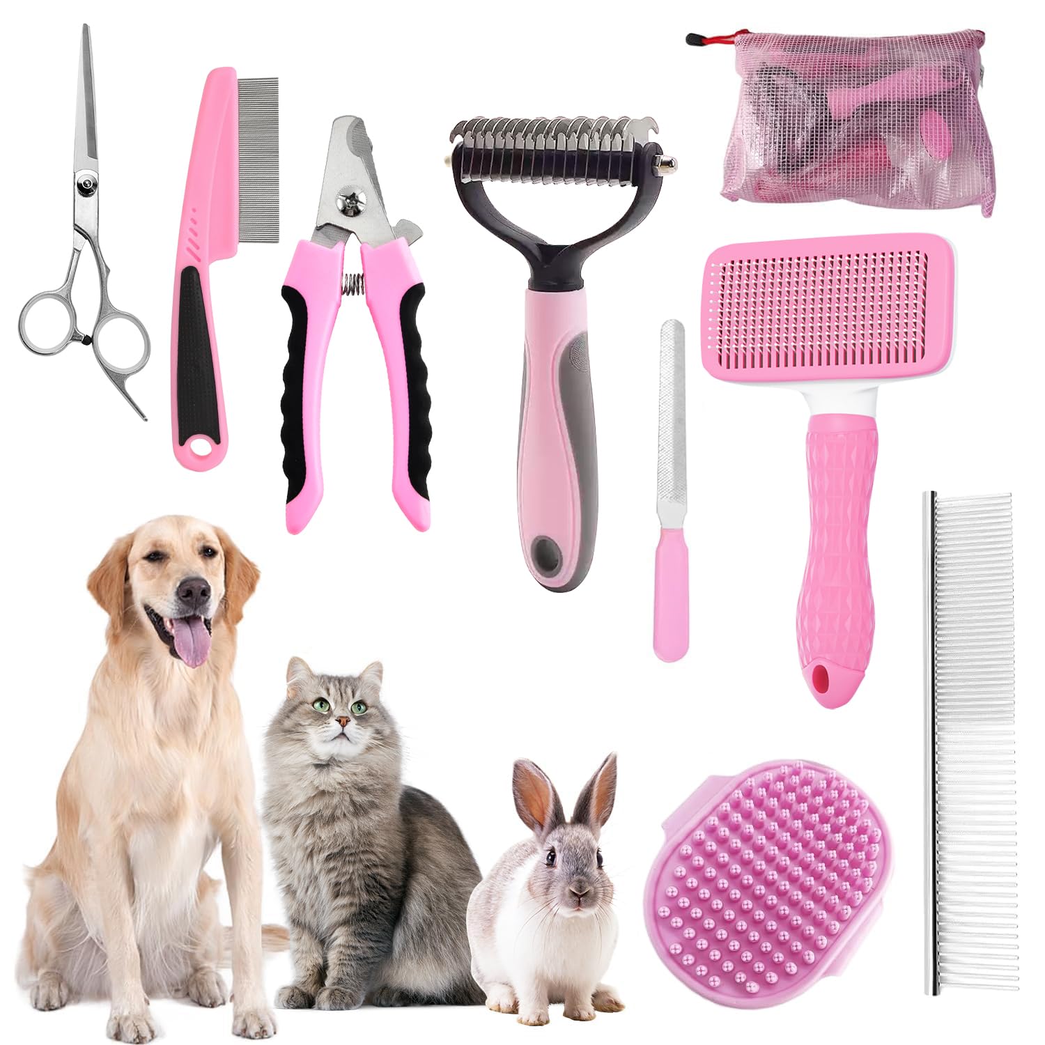 Dog Brush for Grooming,9 PCS in One Pet Slicker Hair Brush Kit with Pet Nail Clipper and File - Dog Cat Grooming Deshedding Undercoat Rake Brush Comb for All Small Large Dogs Cats Pink — image 1