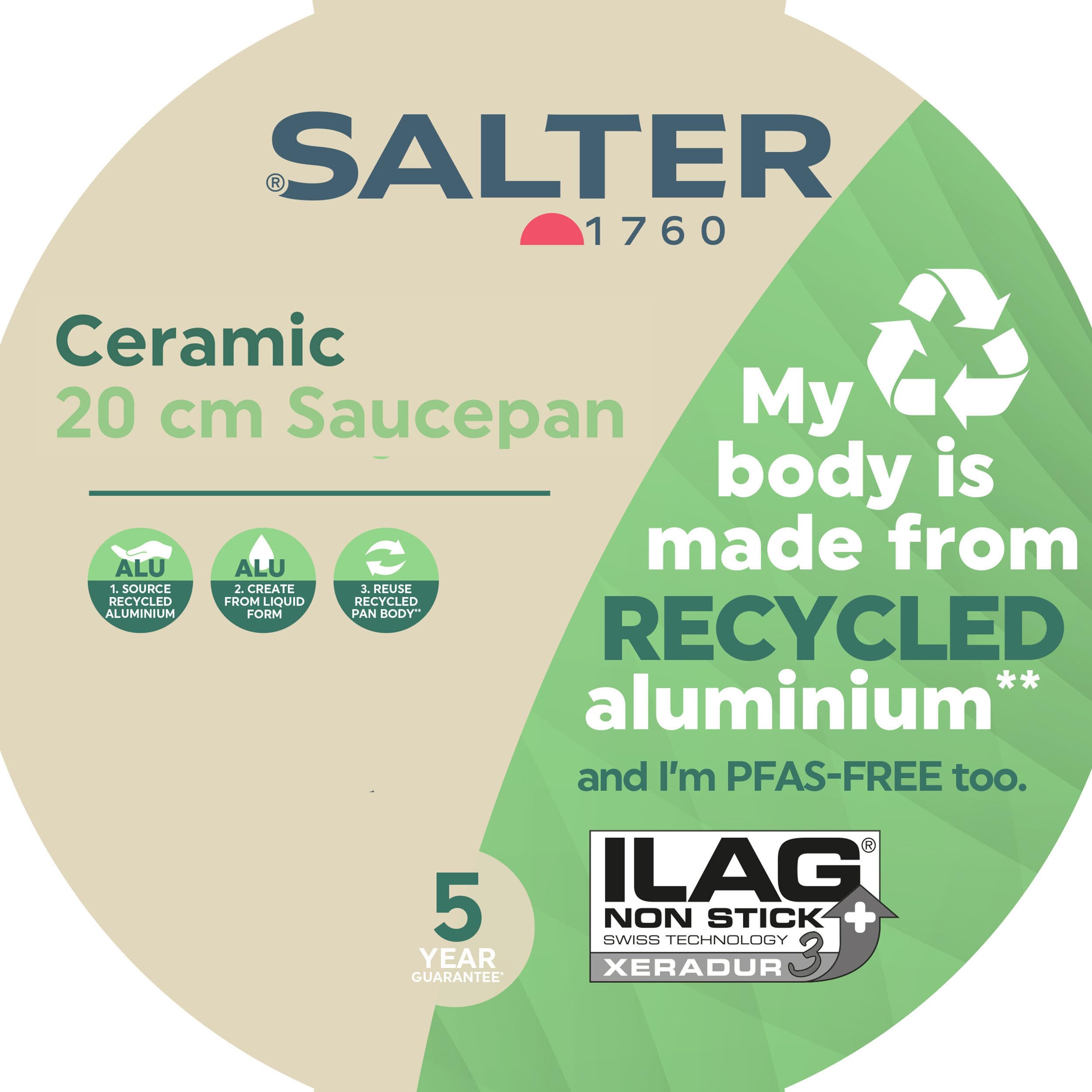 Salter BW12879EU7 Ceramic 20 cm Saucepan, Recycled Aluminium Body, Healthy PFOA & PFAS-Free Non-Stick Coating - Image 2