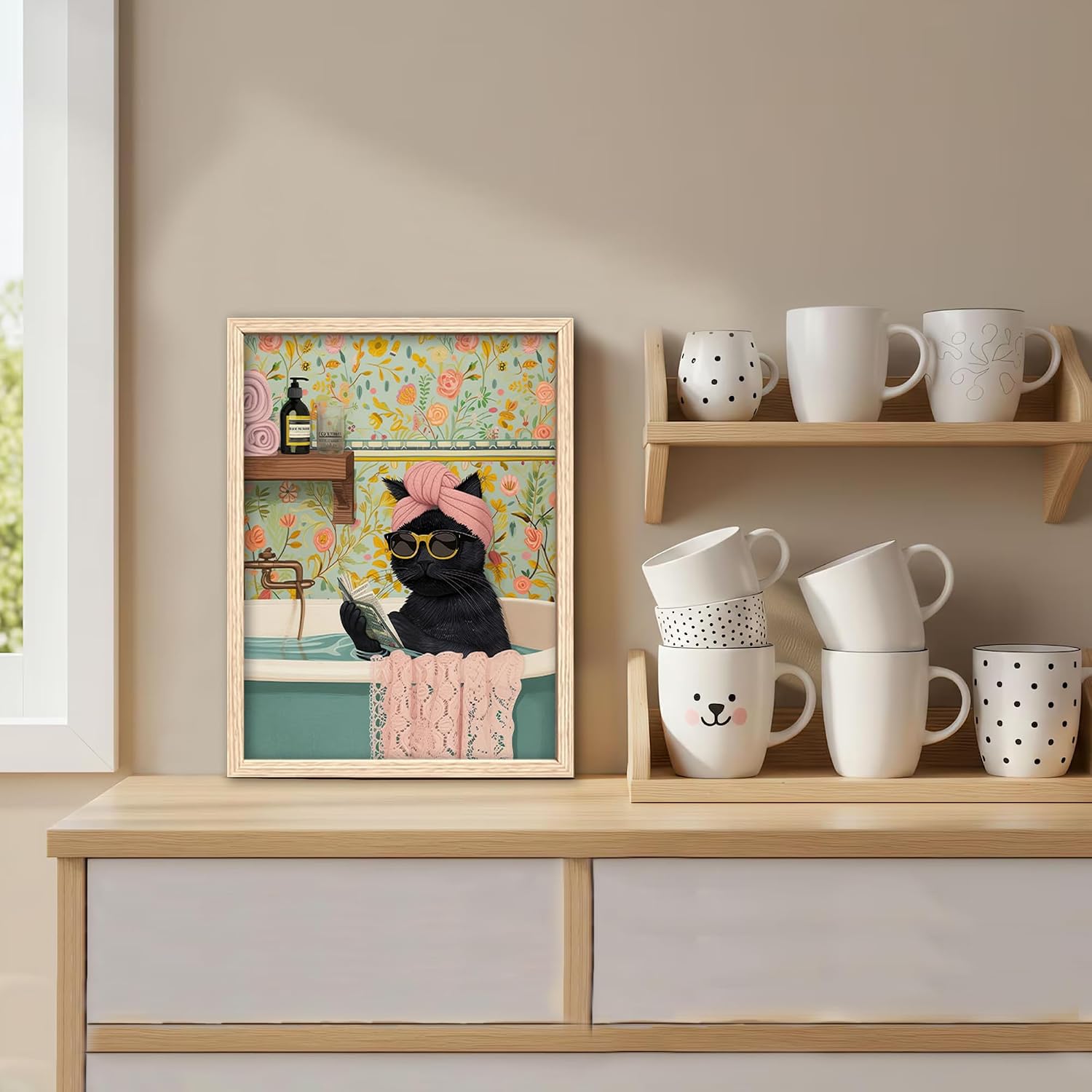 ICHZUMW Funny Black Cat Bathroom Wall Art Decor, Cute Framed Canvas Print Painting, Quirky Animal Pictures Wall Decoration, Humorous Girly Pink Artwork for Bedroom Restroom Powder Room Office, 12x16in