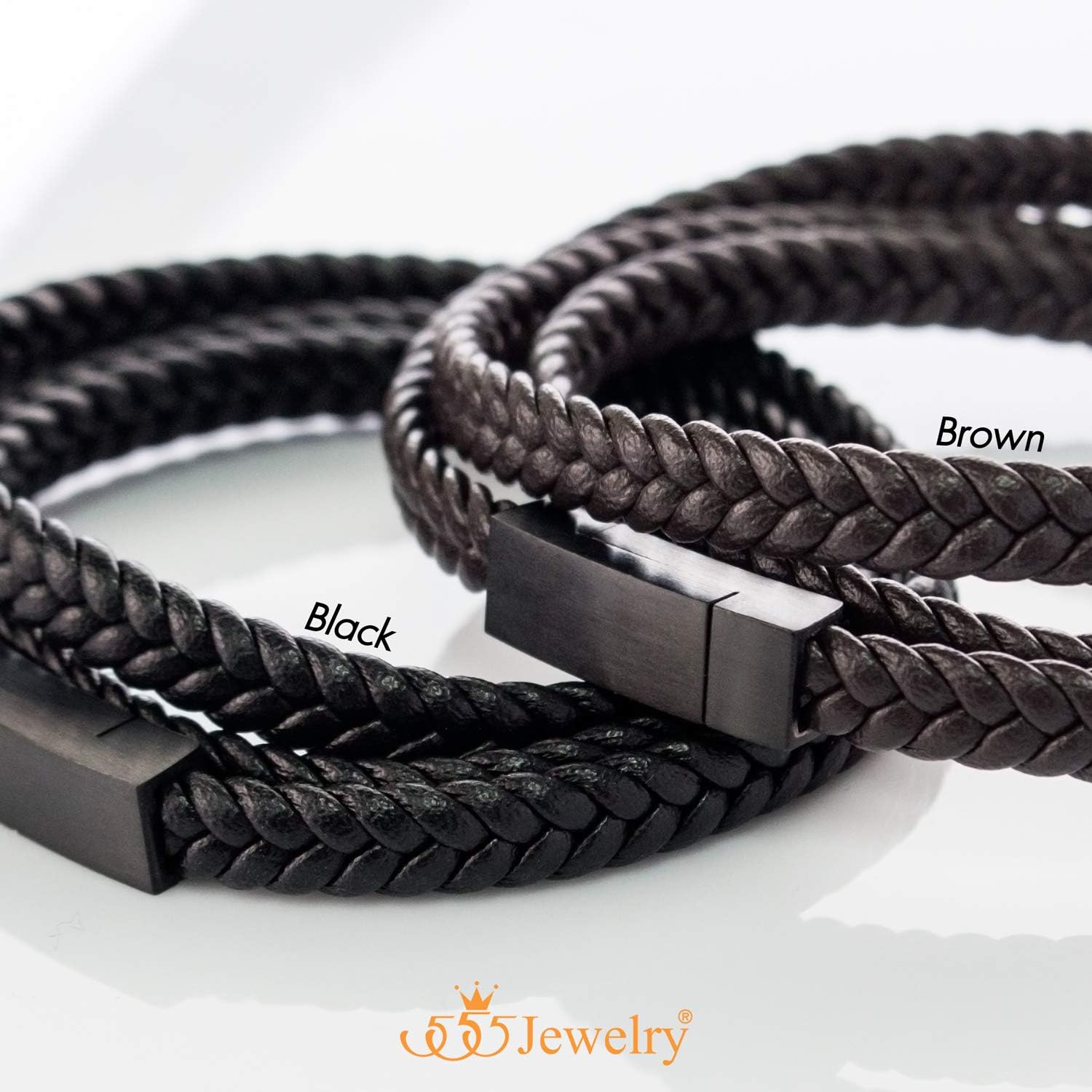 555Jewelry Stainless Steel Braided Double Wrap Leather Twist Rope Chain Cord Adjustable Magnetic Clasp Simple Men Women Unisex Fashion Jewelry Accessory Bangle Bracelet, Black & Black 8 Inch - Image 6