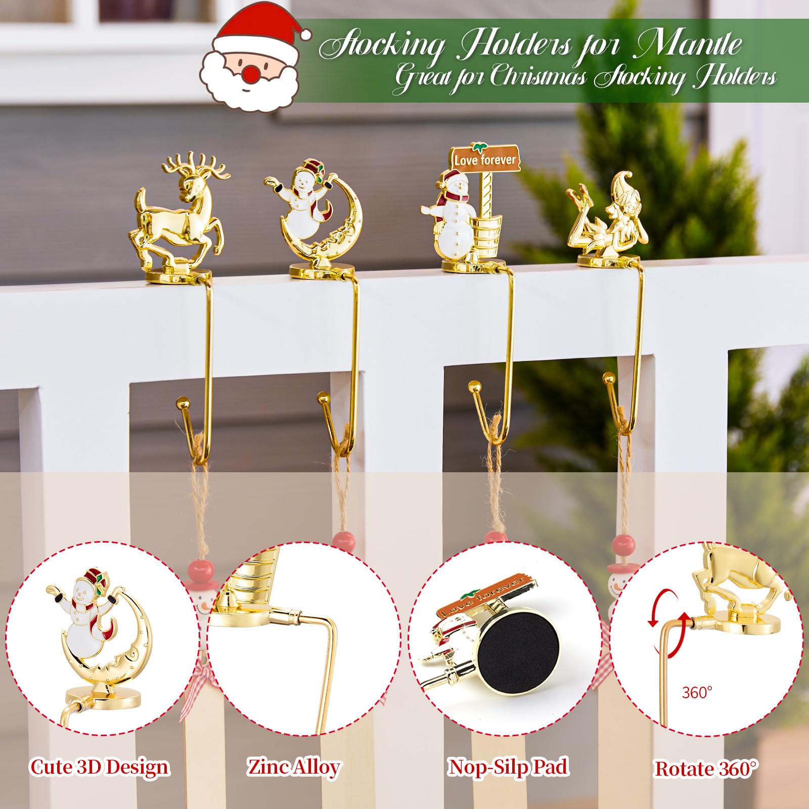 Christmas Stocking Holders for Mantel Set of 4, Non-Slip Adjustable Mantle Stocking Holders, Reindeer Doll Bucket Moon Snowman Fireplace Stocking Hangers Set for Party Christmas Decorations, Gold