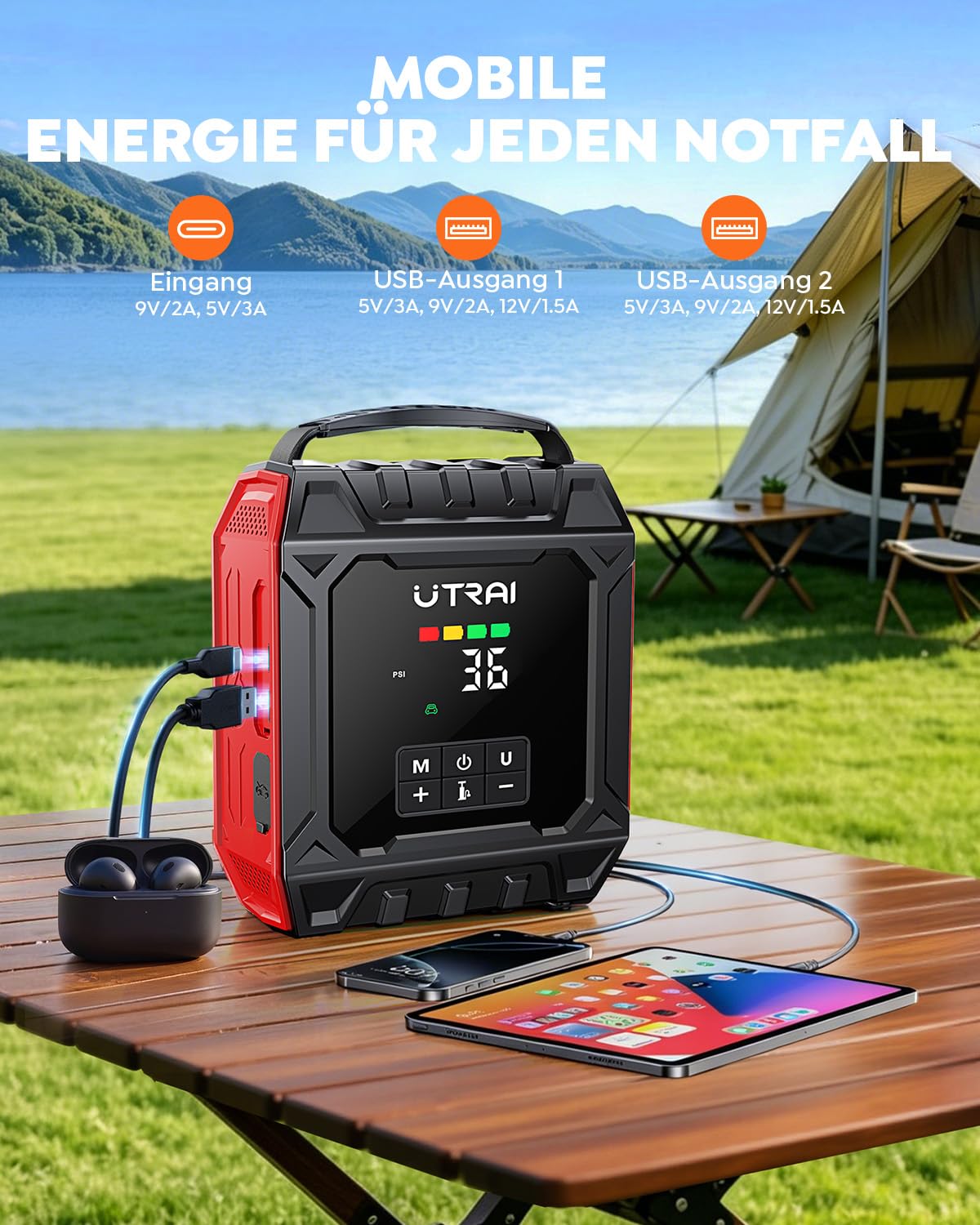 UTRAI Starthilfe Powerbank für Pkw mit Kompressor, 7000A 160PSI Auto Starthilfe Powerbank für Alle Benzin und Bis 12L Diesel, Starter Powerbank mit 1000 Lumen Magnetlampe, 18-W-Ausgang