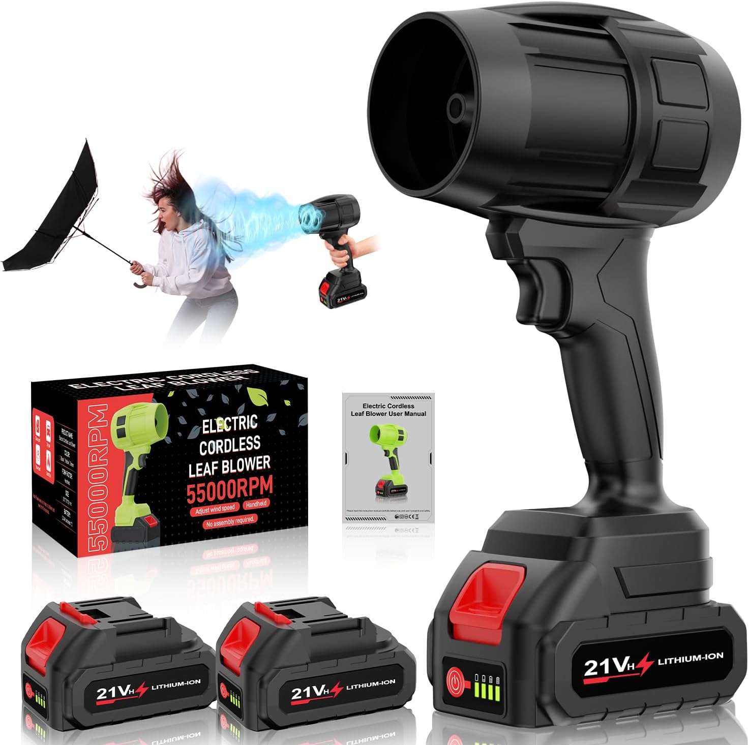 Leaf Blower Cordless with Battery, Turbo Jet Blower, 55000RPM Handheld Leaf Blower 2 X 4.0Ah Batteries for Lawn Care, Patio, Blowing Leaves, Snow Blowing (Black-001)