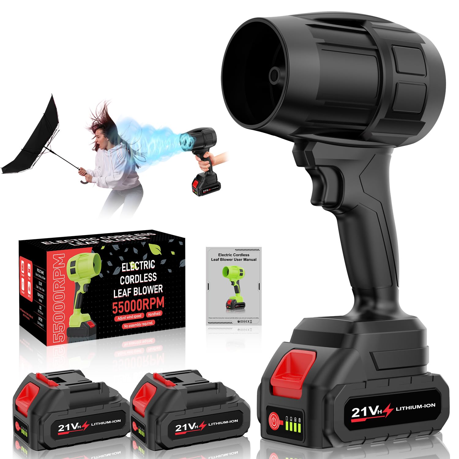 Leaf Blower Cordless with Battery, Turbo Jet Blower, 55000RPM Handheld Leaf Blower 2 X 4.0Ah Batteries for Lawn Care, Patio, Blowing Leaves, Snow Blowing (Black-001)